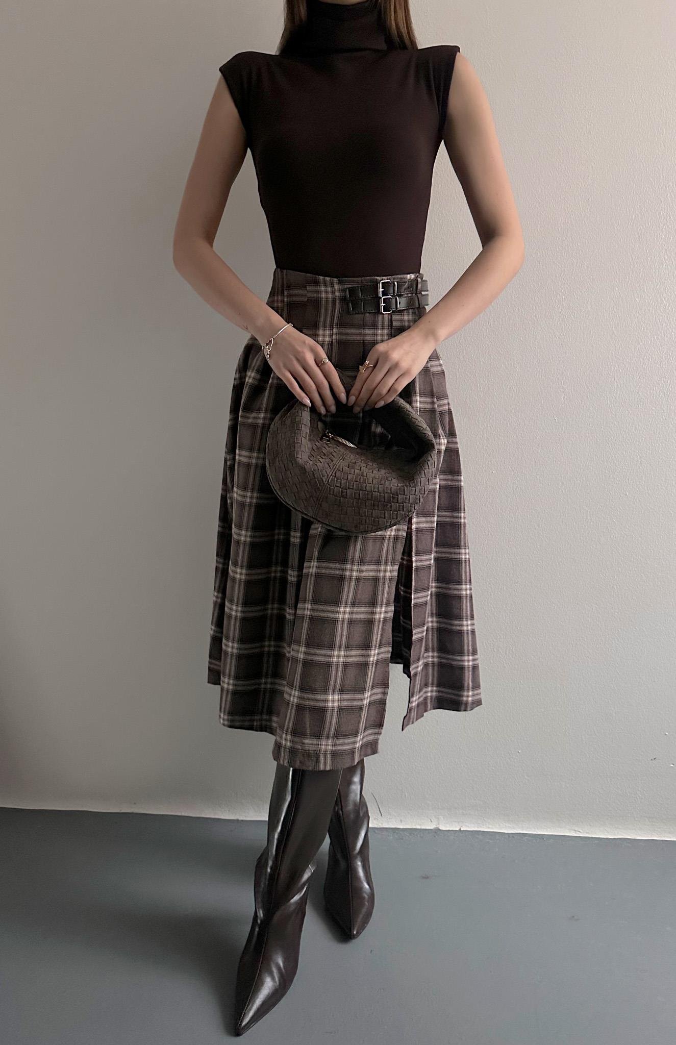 Yırtmaçlı Ekose Etek A.KAHVE