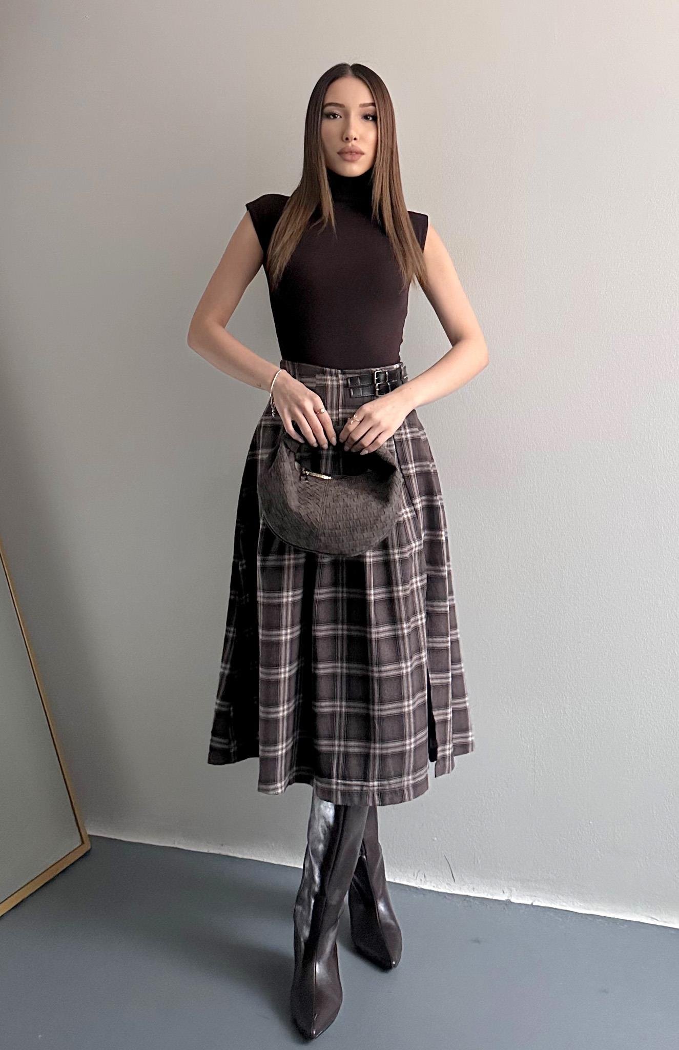 Yırtmaçlı Ekose Etek A.KAHVE