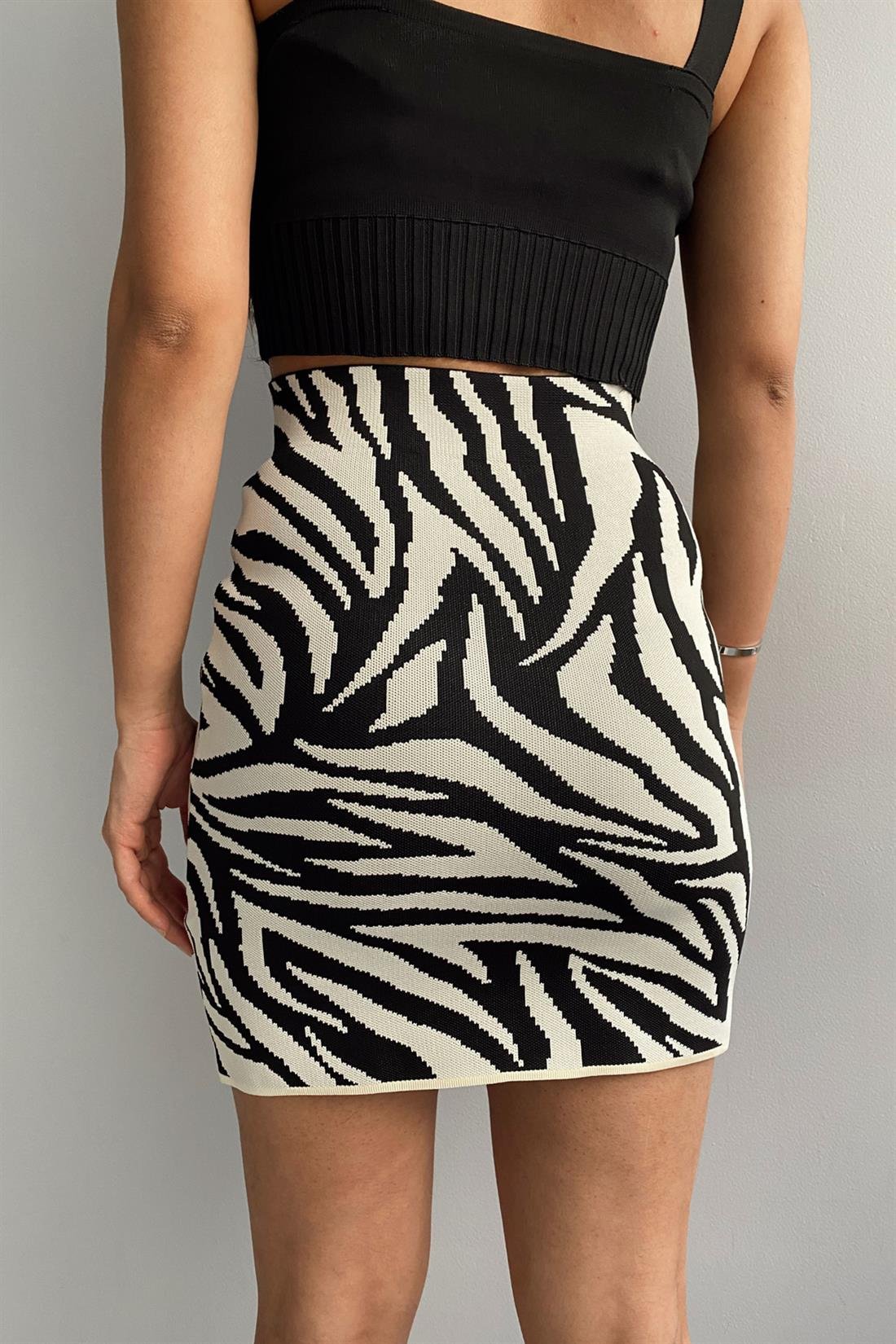 Zebra Baskılı Triko Etek EKRU