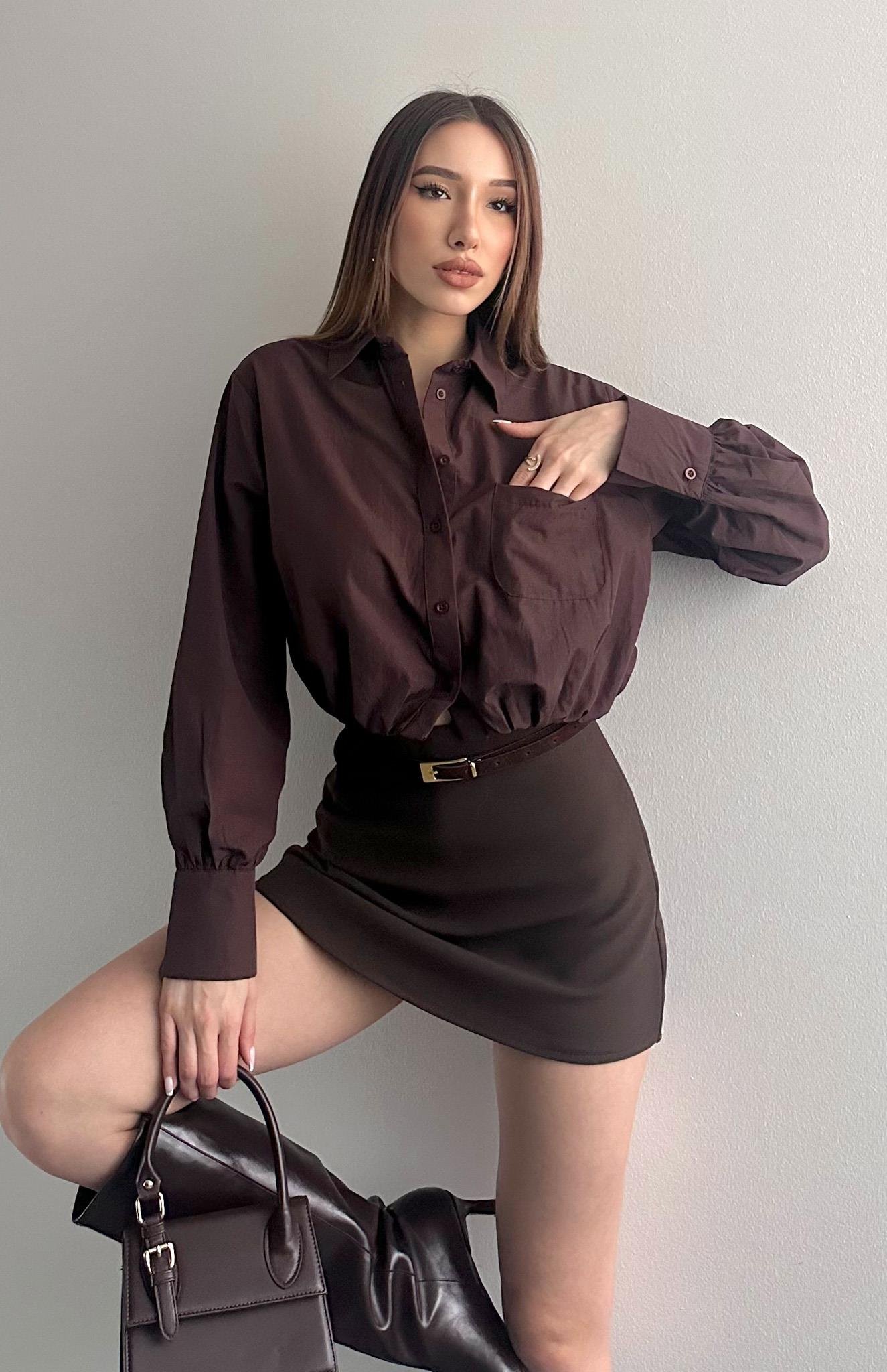 Balon Etekli Cepli Croplu Gömlek KAHVERENGİ