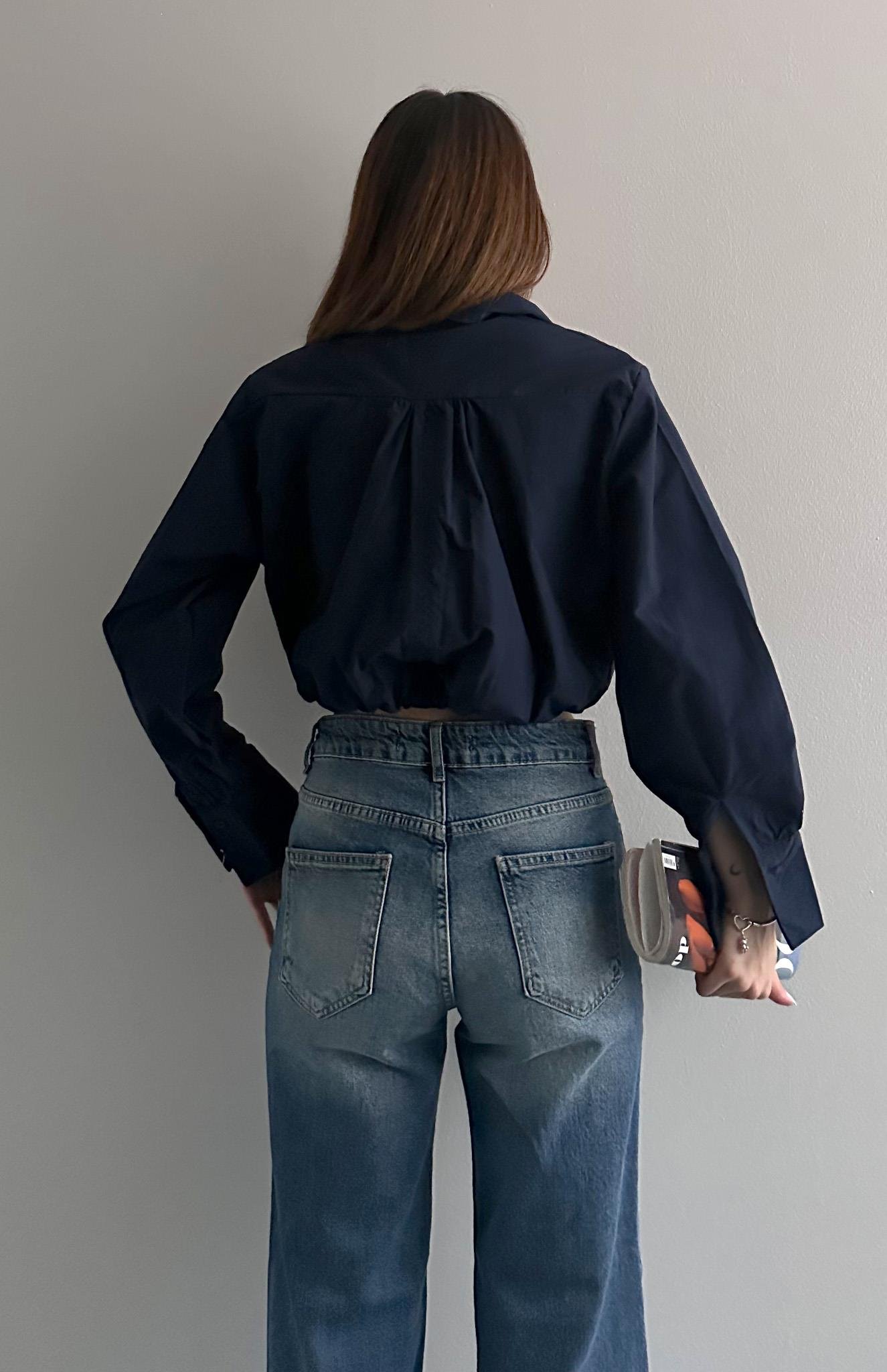 Balon Etekli Cepli Croplu Gömlek LACİVERT