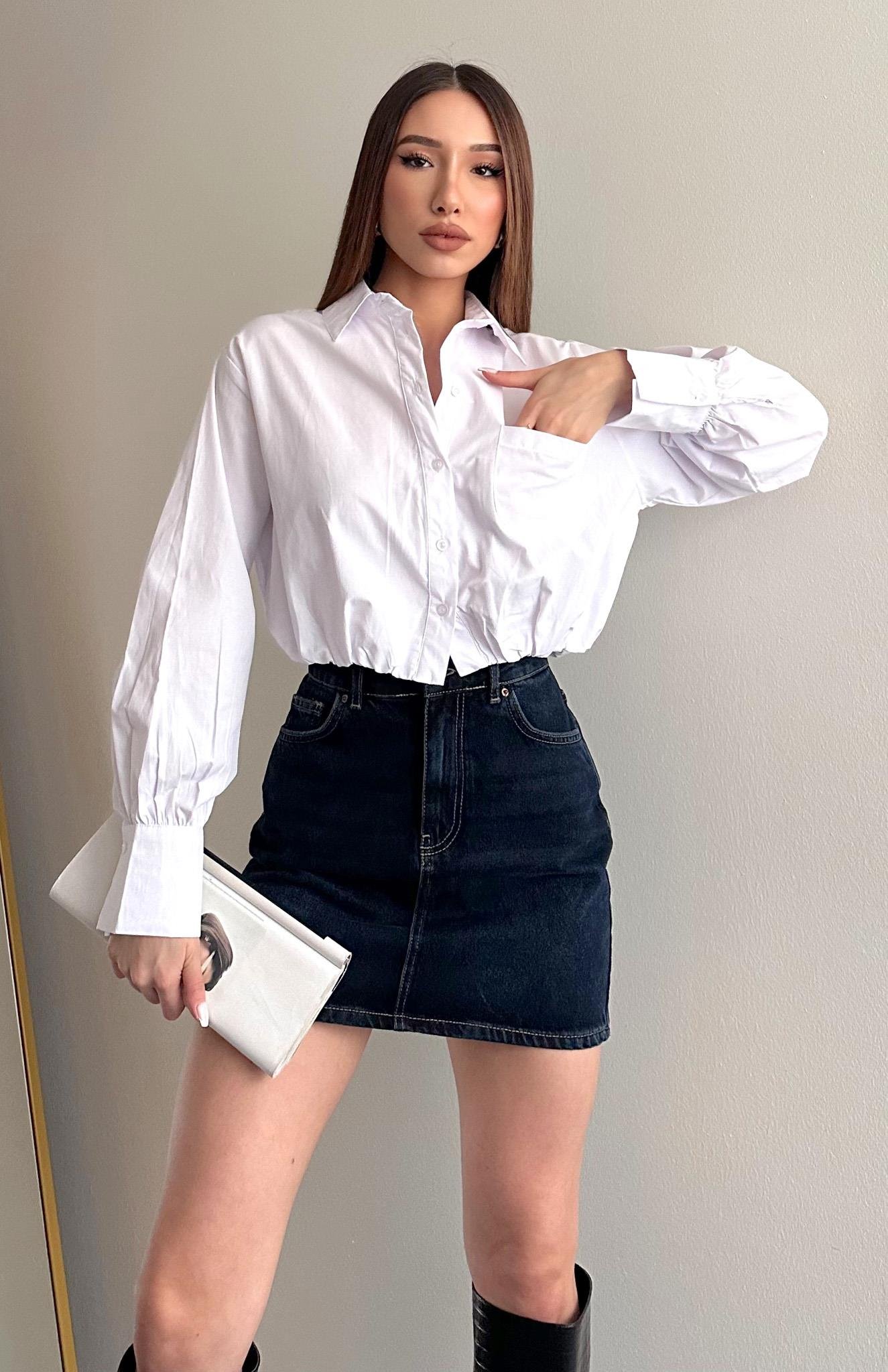 Balon Etekli Cepli Croplu Gömlek BEYAZ