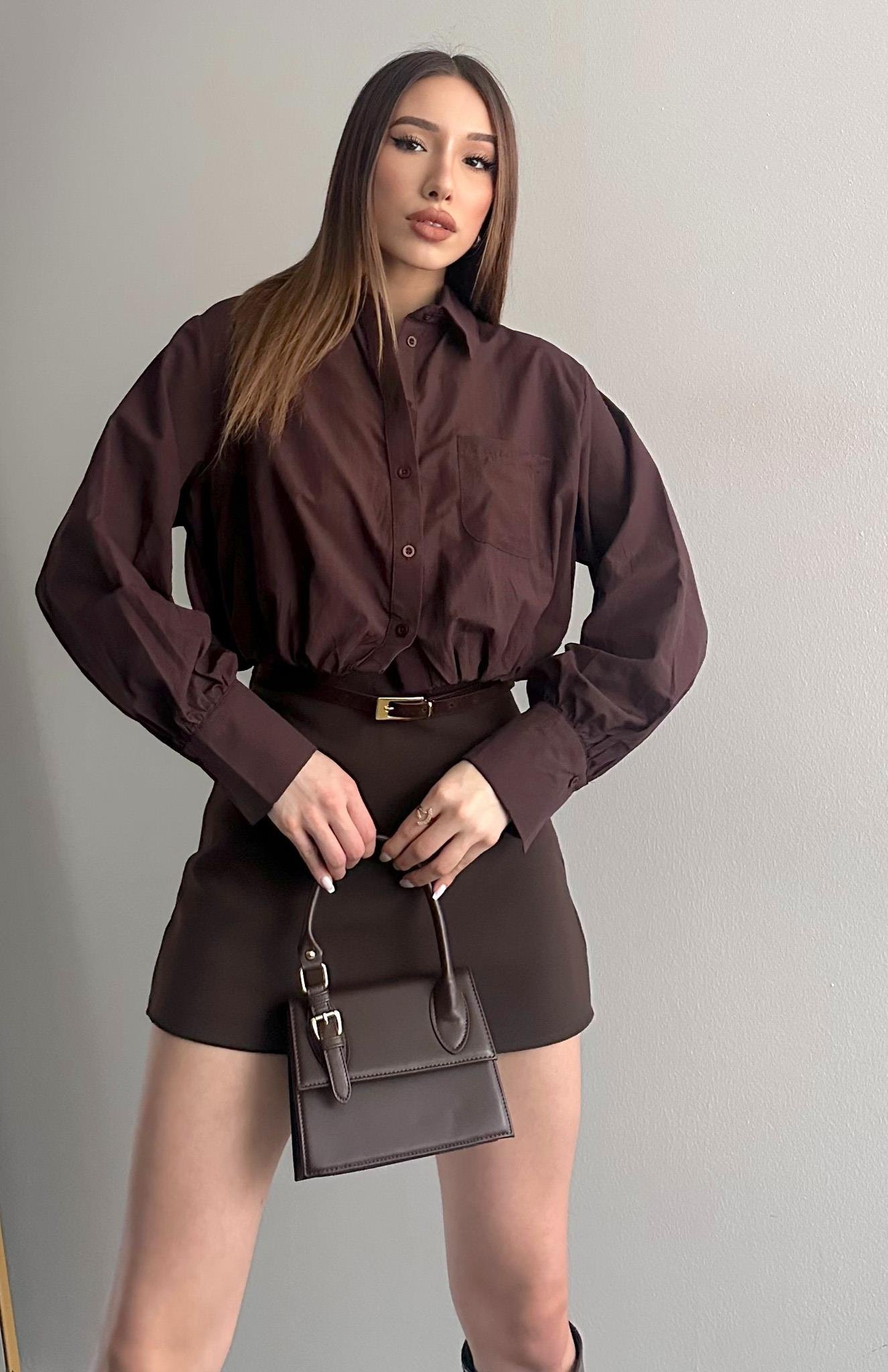 Balon Etekli Cepli Croplu Gömlek KAHVERENGİ