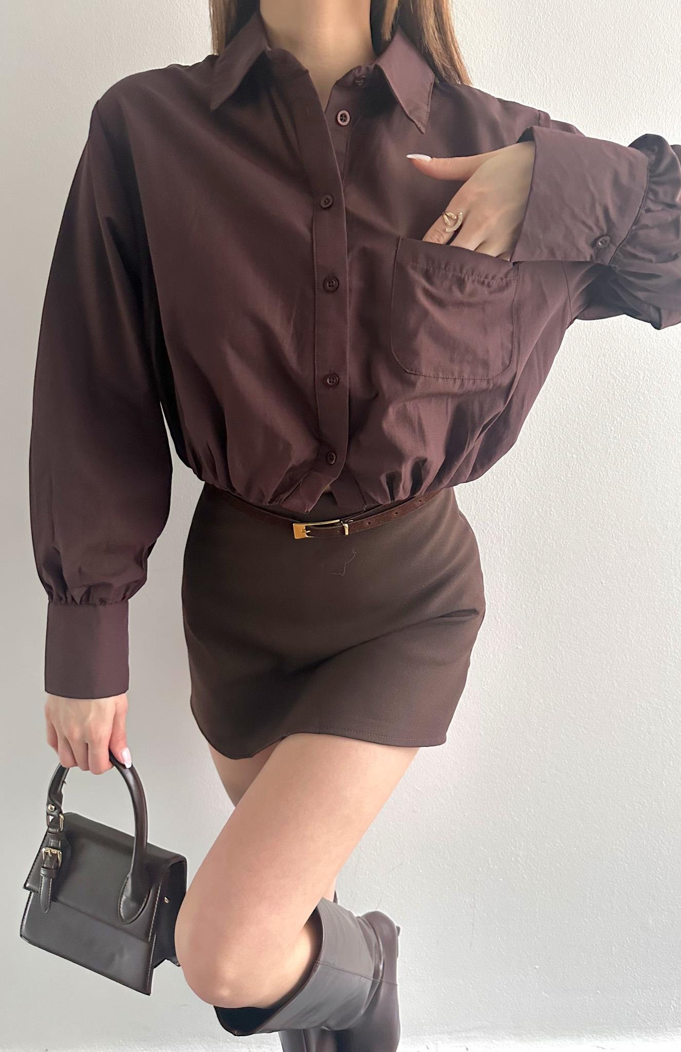 Balon Etekli Cepli Croplu Gömlek KAHVERENGİ