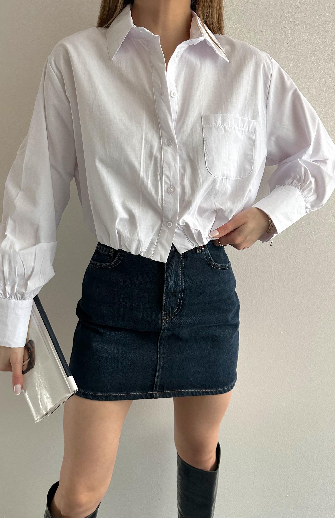 Balon Etekli Cepli Croplu Gömlek BEYAZ