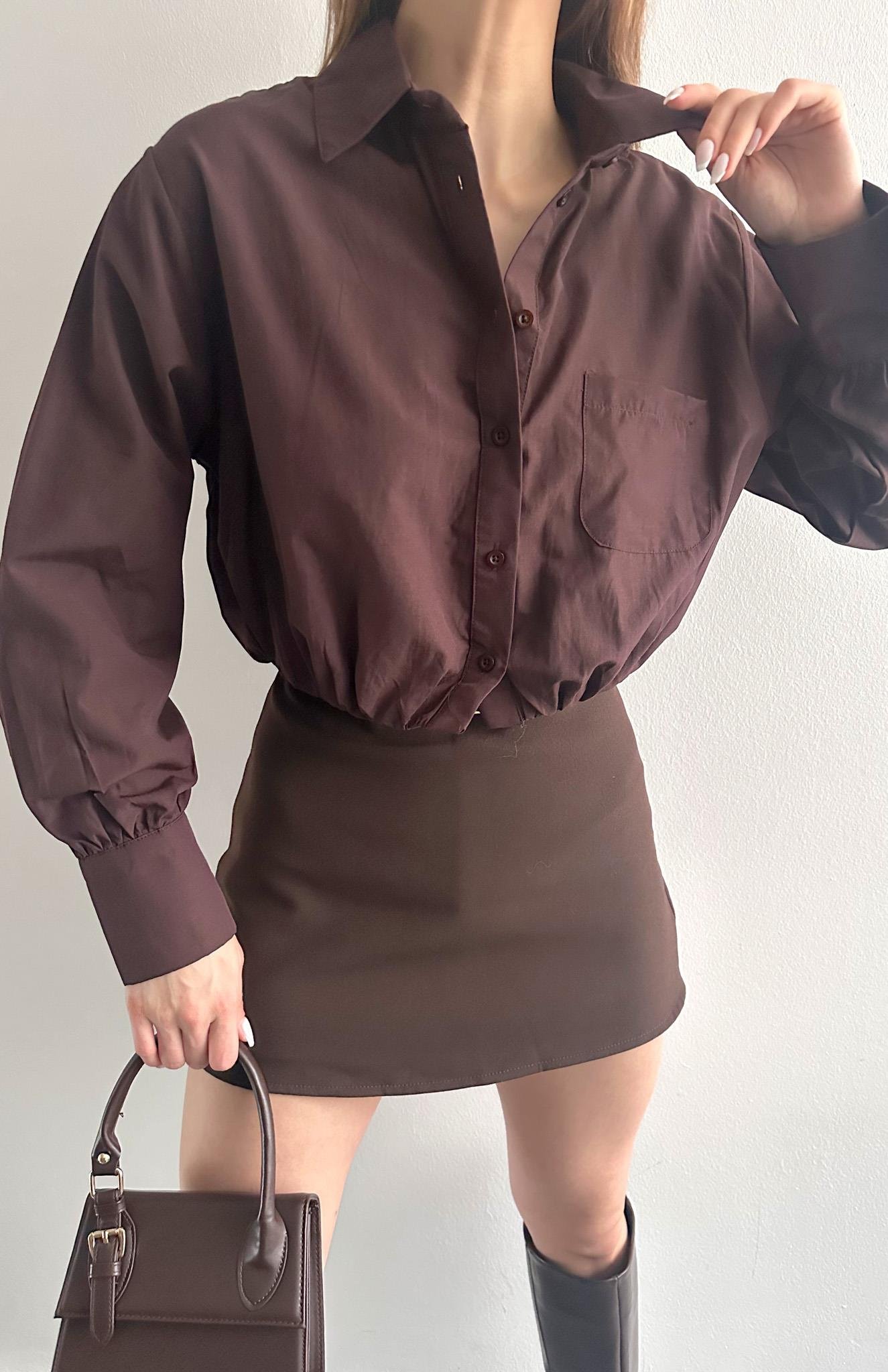 Balon Etekli Cepli Croplu Gömlek KAHVERENGİ