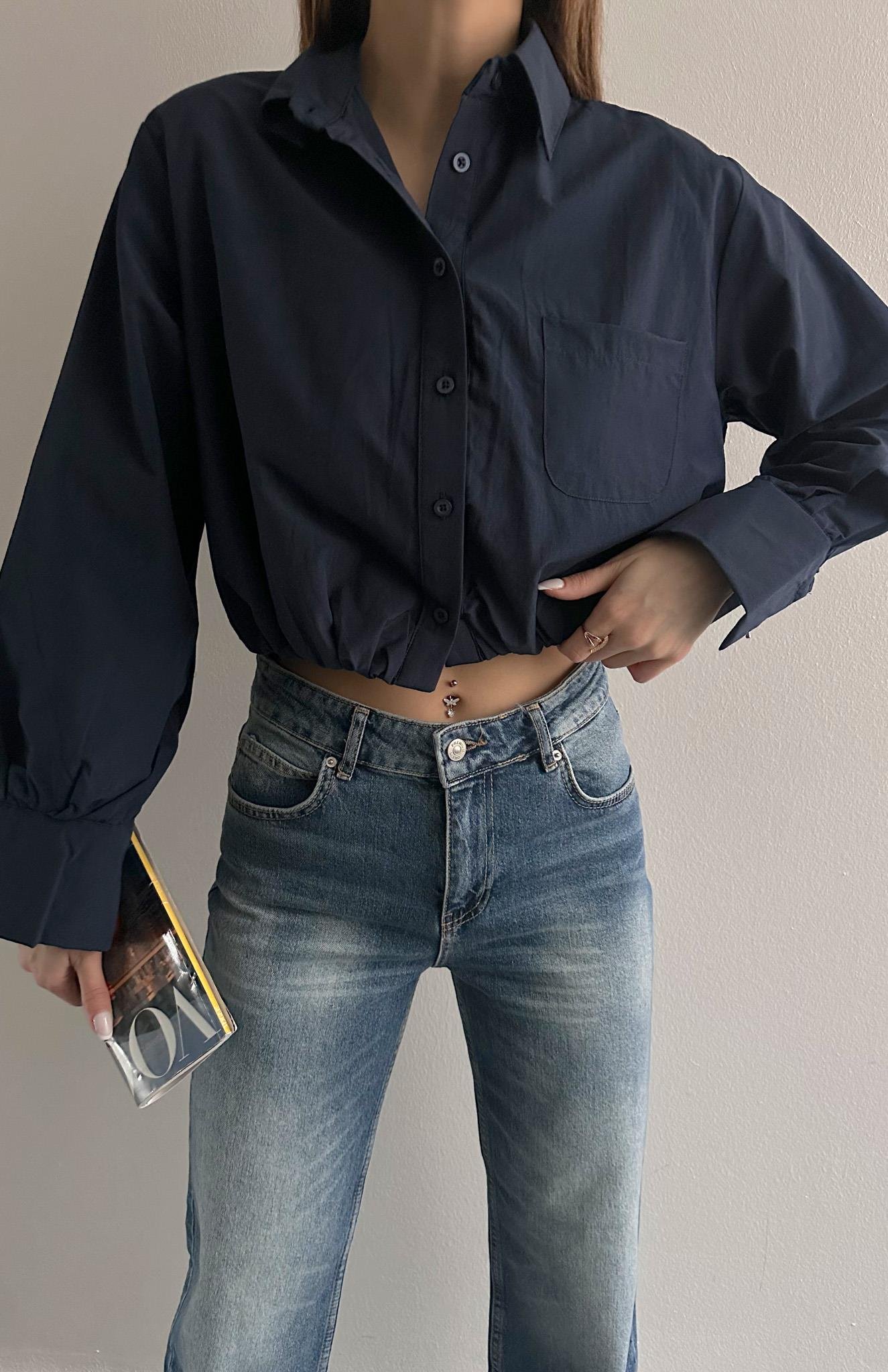 Balon Etekli Cepli Croplu Gömlek LACİVERT