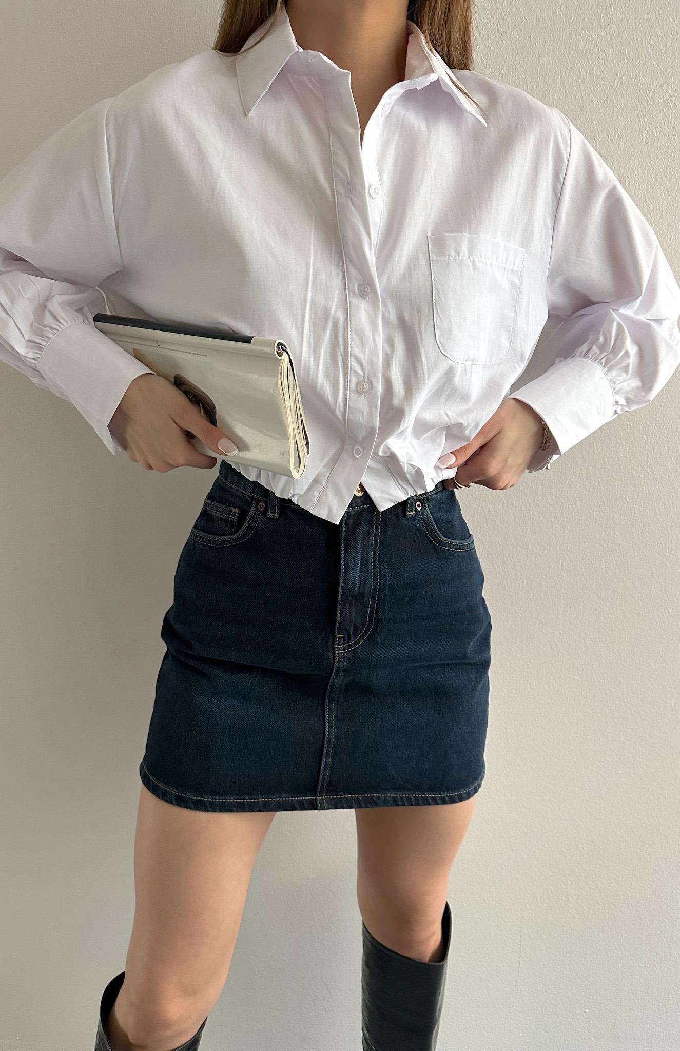 Balon Etekli Cepli Croplu Gömlek BEYAZ