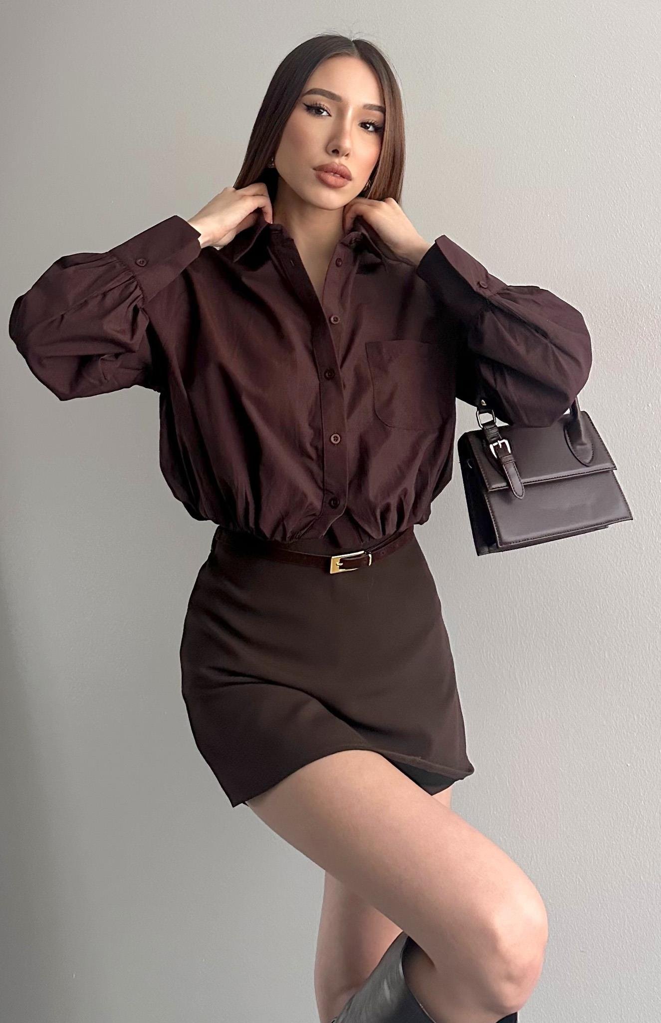 Balon Etekli Cepli Croplu Gömlek KAHVERENGİ