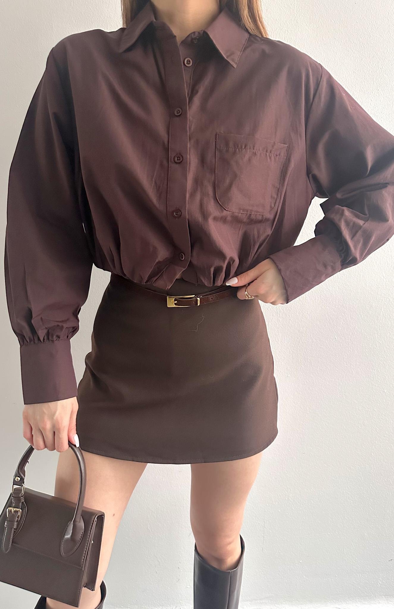 Balon Etekli Cepli Croplu Gömlek KAHVERENGİ