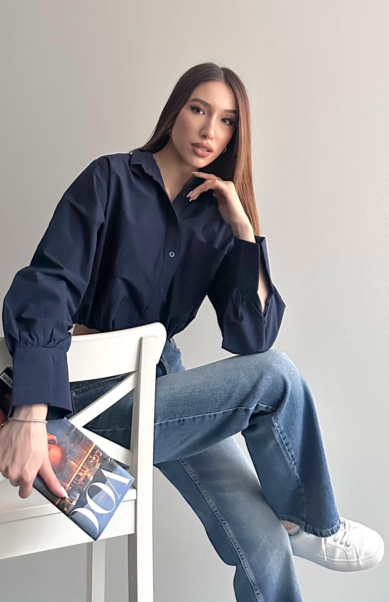 Balon Etekli Cepli Croplu Gömlek LACİVERT