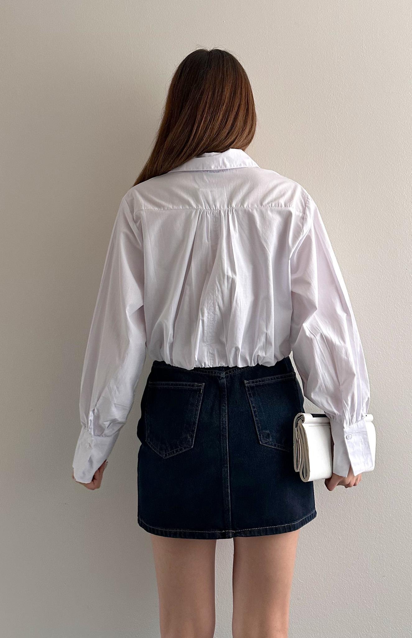 Balon Etekli Cepli Croplu Gömlek BEYAZ