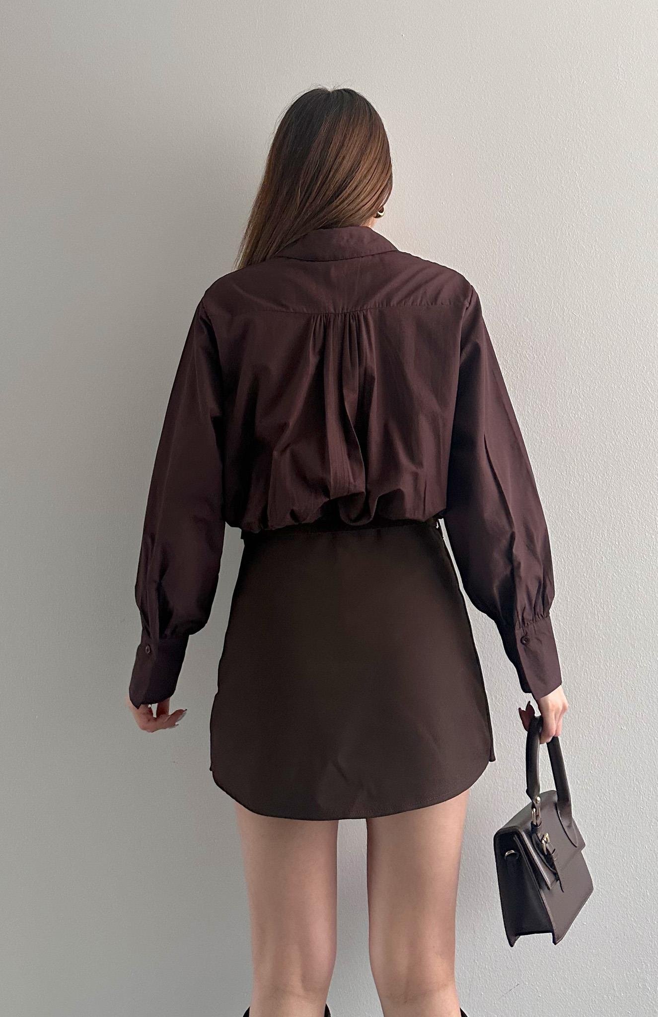 Balon Etekli Cepli Croplu Gömlek KAHVERENGİ