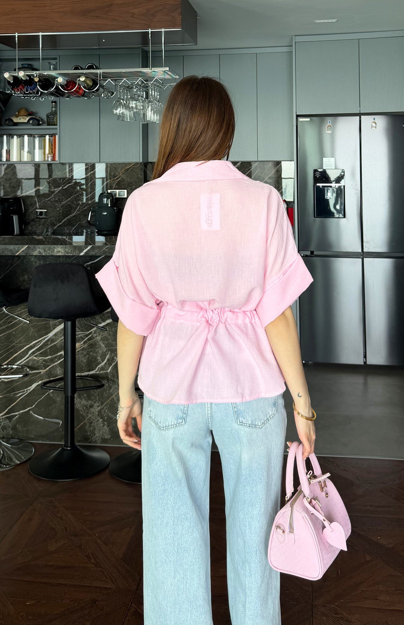 Beli Tünelli Fermuarlı Keten Gömlek PEMBE