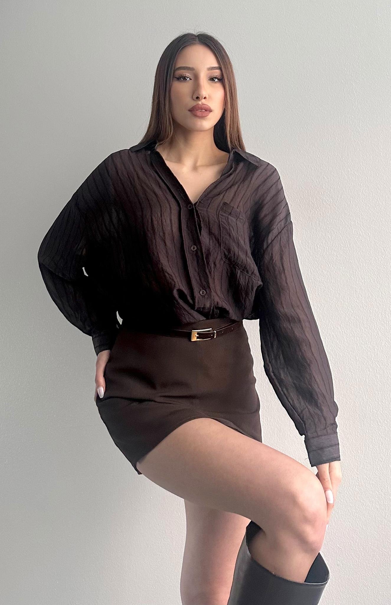 Cepli Oversize Dilara Gömlek KAHVERENGİ