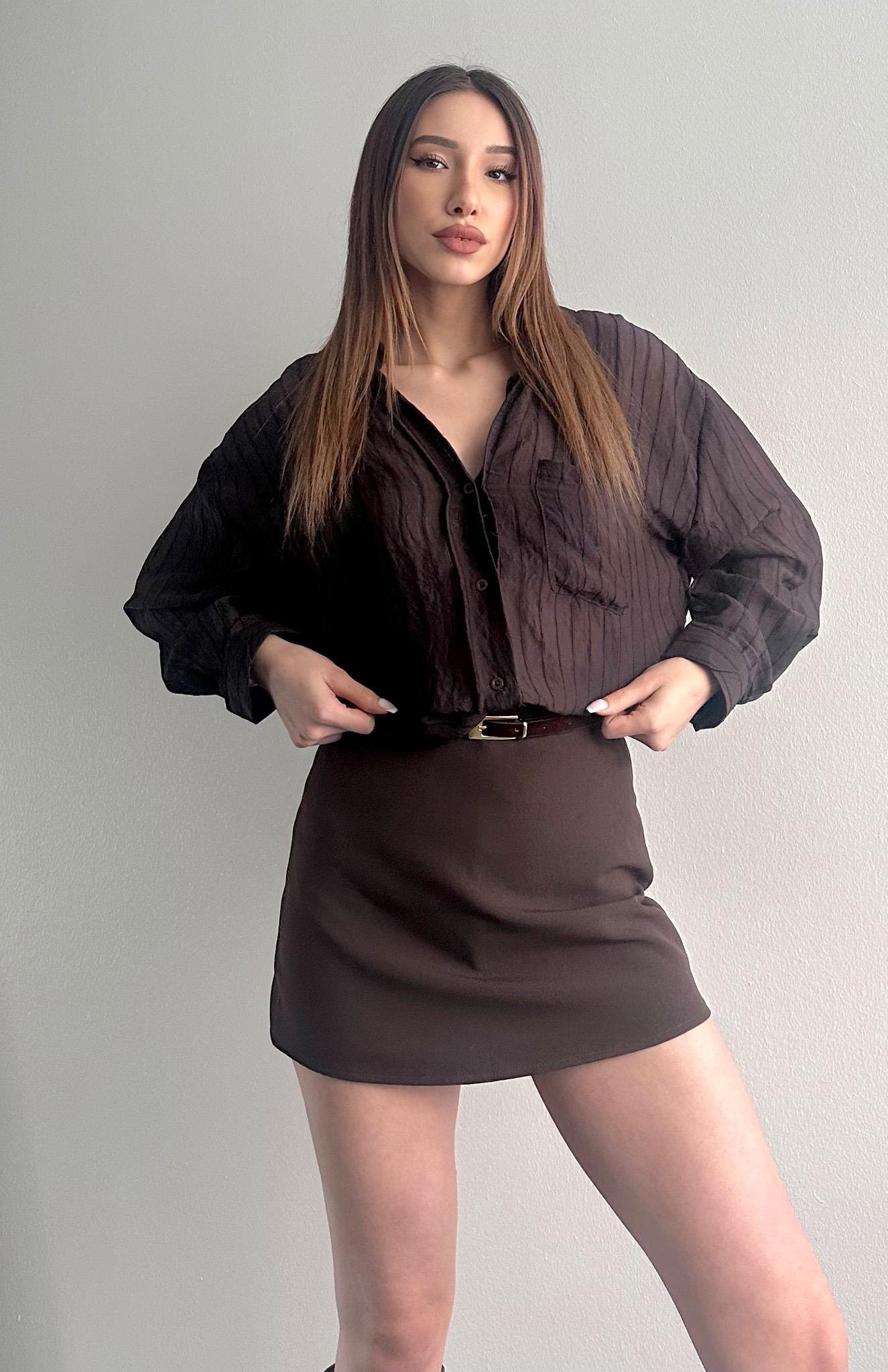 Cepli Oversize Dilara Gömlek KAHVERENGİ