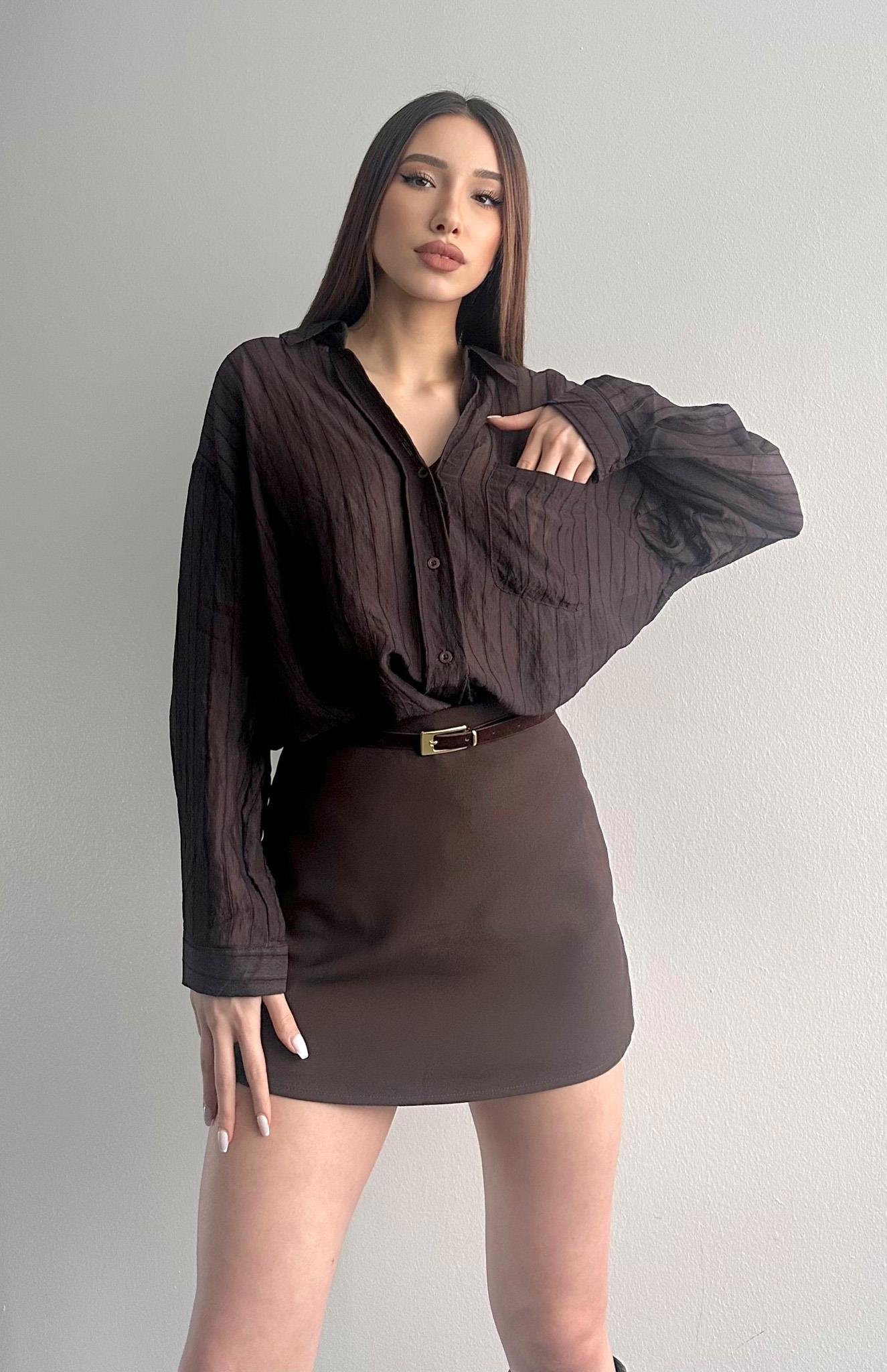 Cepli Oversize Dilara Gömlek KAHVERENGİ