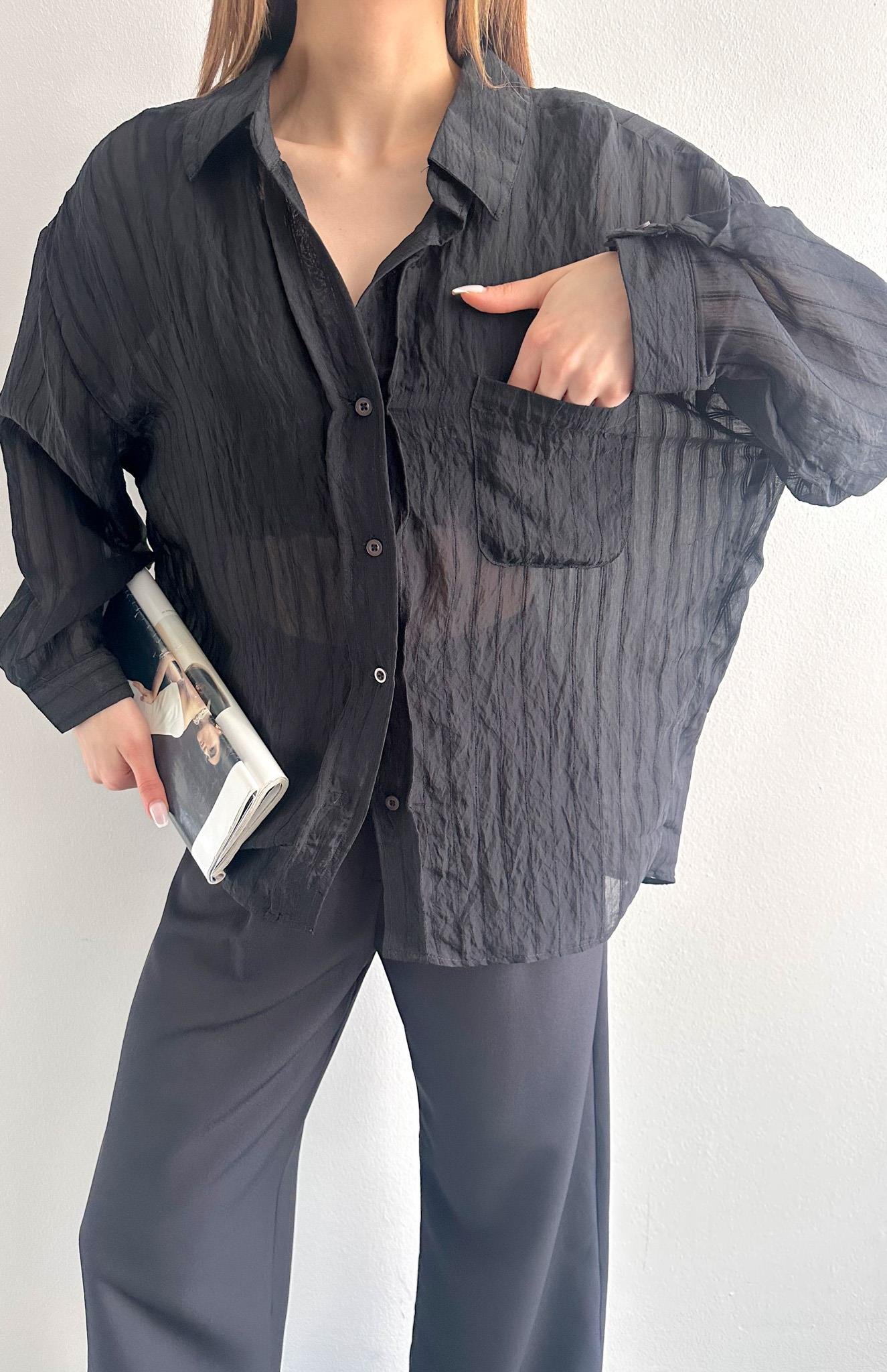 Cepli Oversize Dilara Gömlek SİYAH