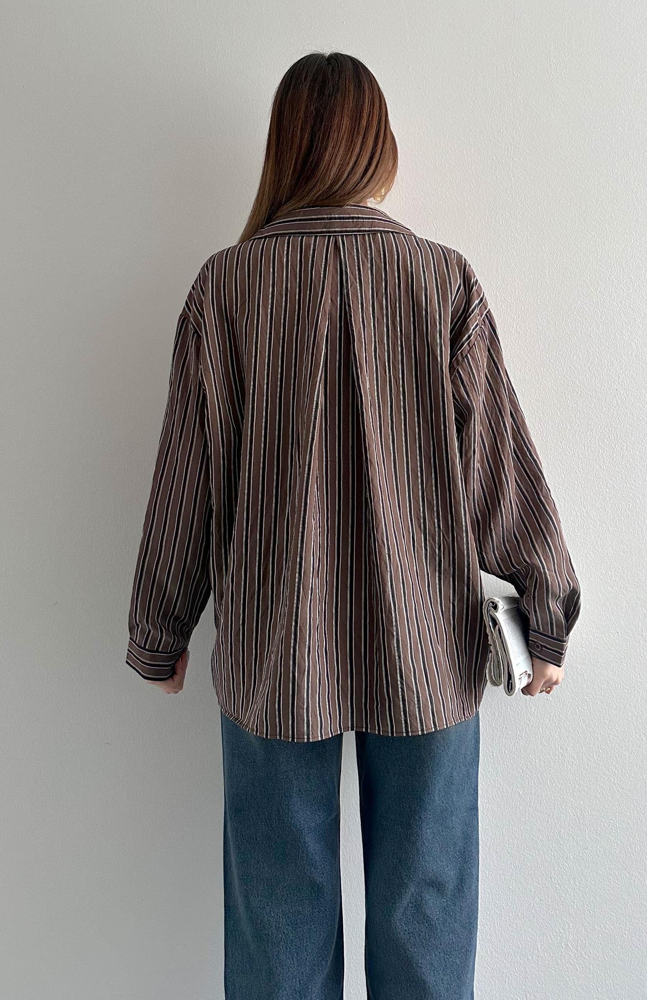 Cepli Oversize Enine Çizgili Gömlek KAHVERENGİ