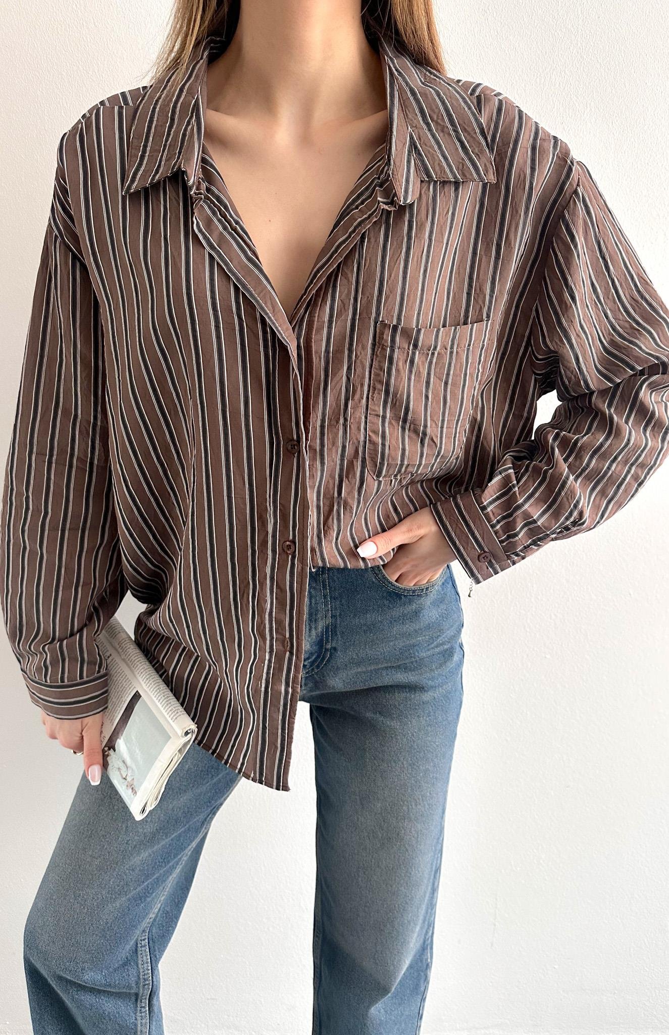 Cepli Oversize Enine Çizgili Gömlek KAHVERENGİ