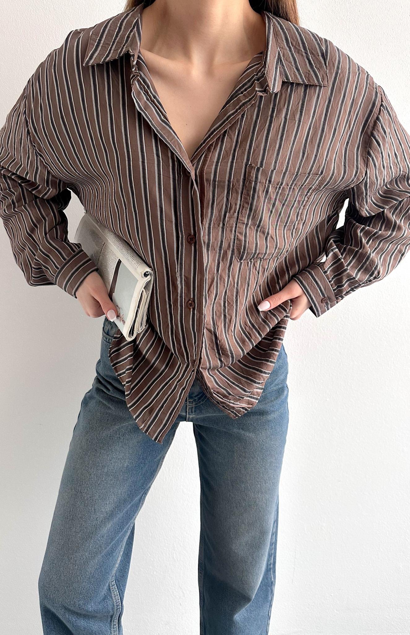 Cepli Oversize Enine Çizgili Gömlek KAHVERENGİ