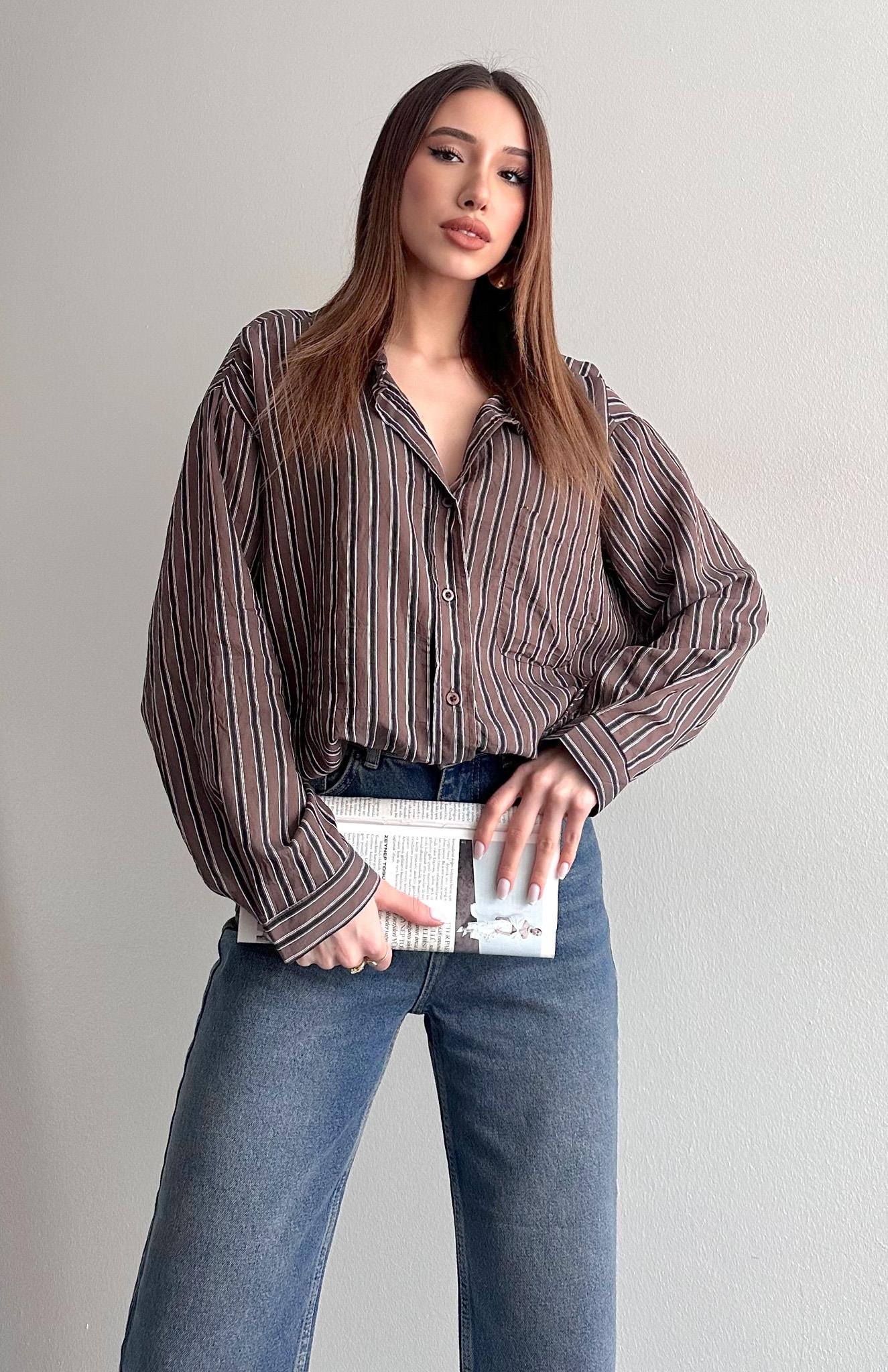 Cepli Oversize Enine Çizgili Gömlek KAHVERENGİ