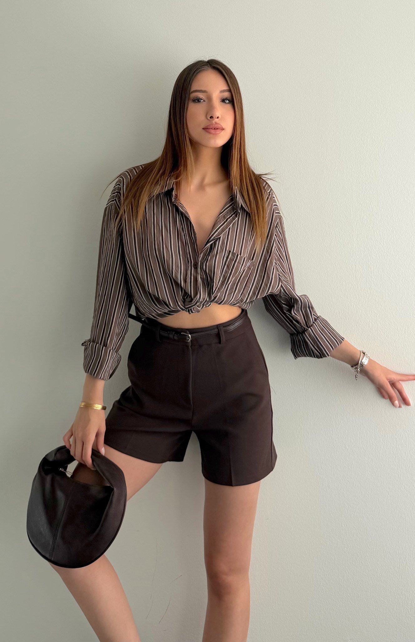 Cepli Oversize Enine Çizgili Gömlek KAHVERENGİ