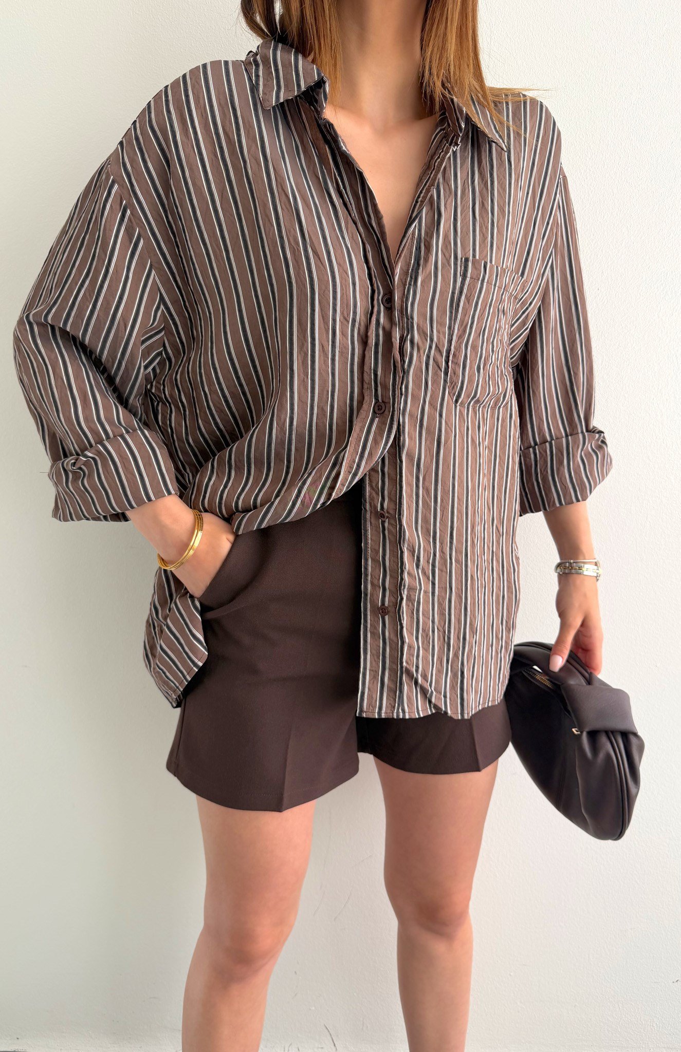 Cepli Oversize Enine Çizgili Gömlek KAHVERENGİ