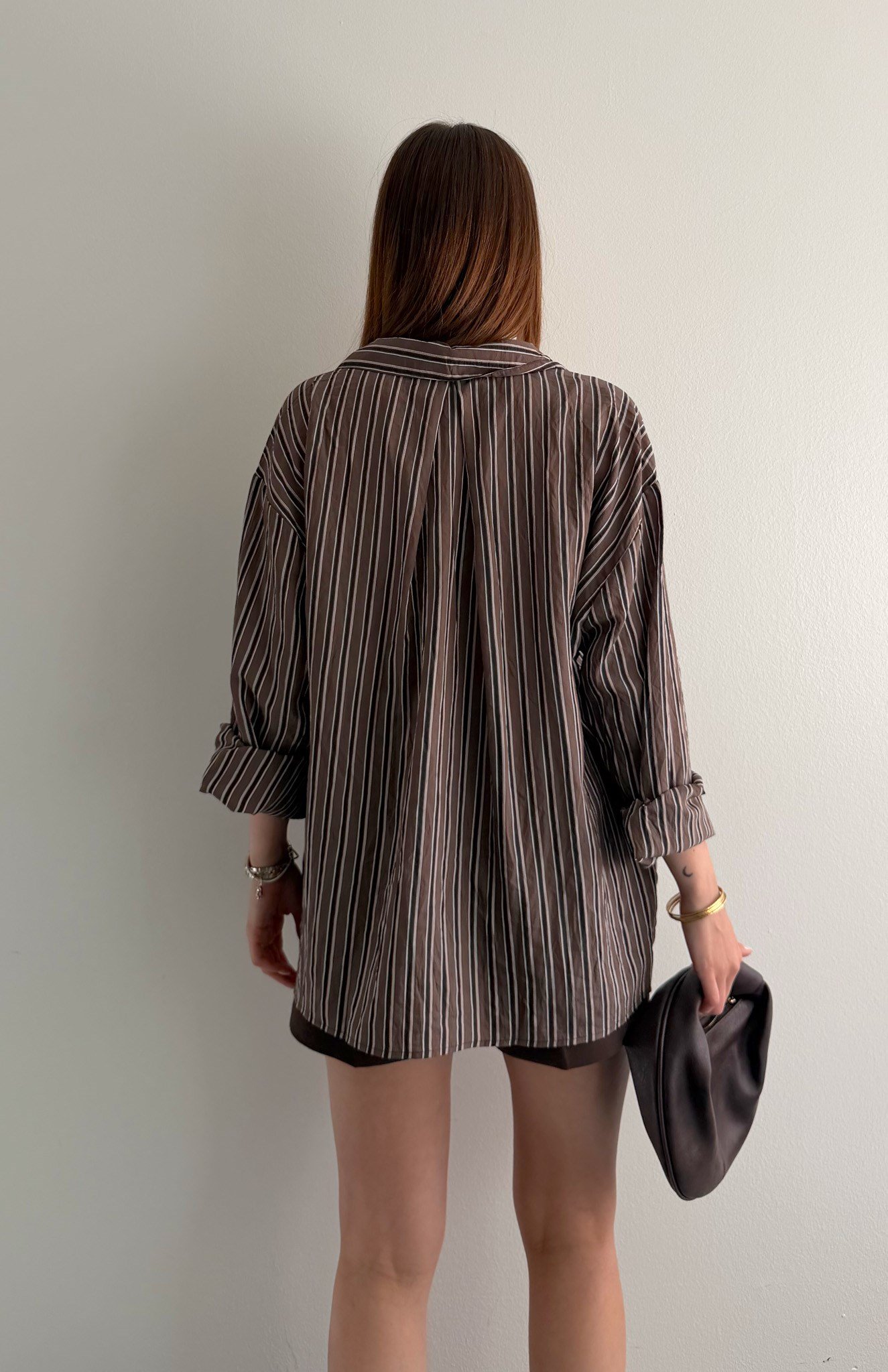 Cepli Oversize Enine Çizgili Gömlek KAHVERENGİ