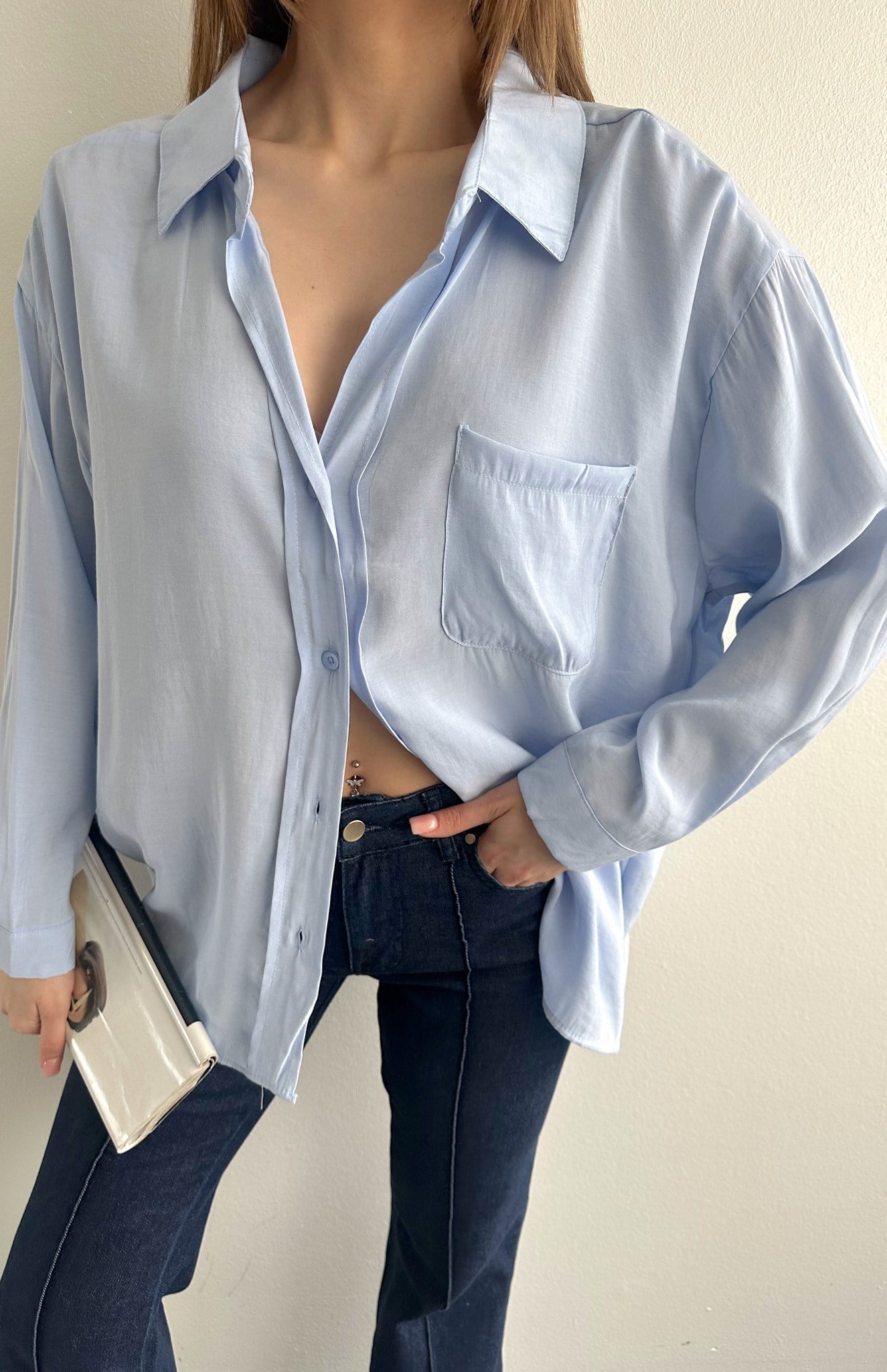Cepli Oversize Modal Gömlek B.MAVİ