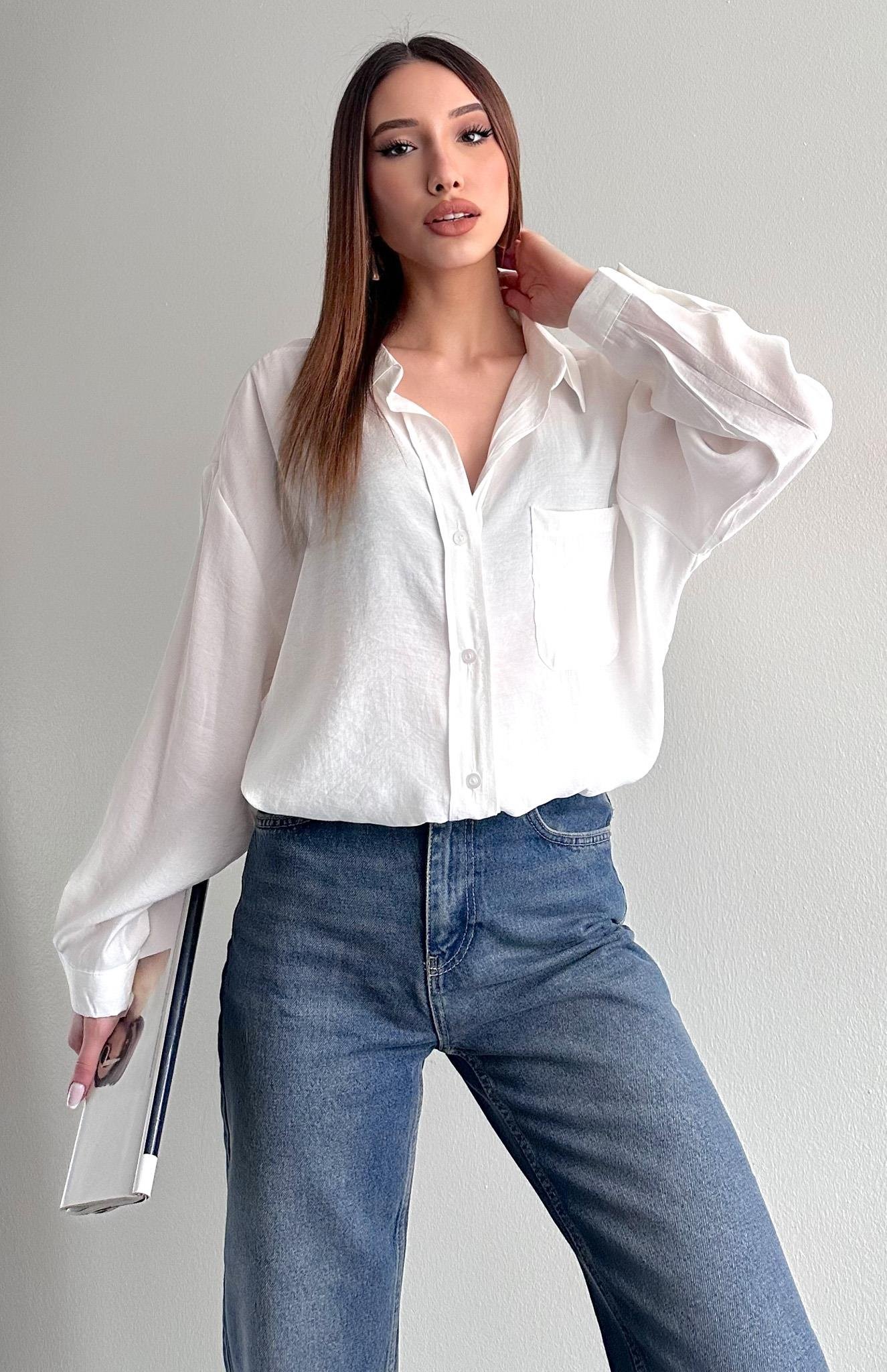 Cepli Oversize Modal Gömlek EKRU