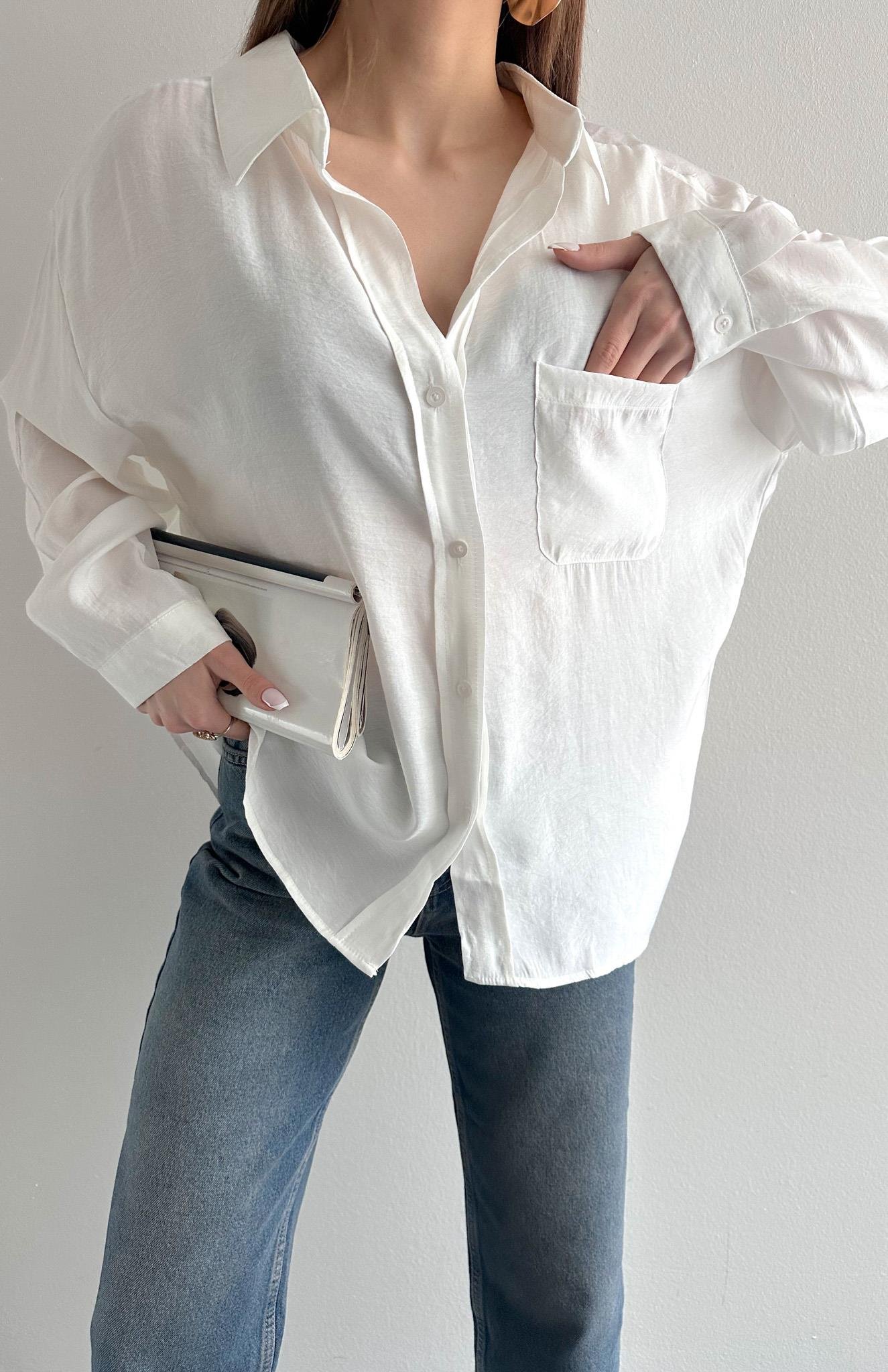 Cepli Oversize Modal Gömlek EKRU