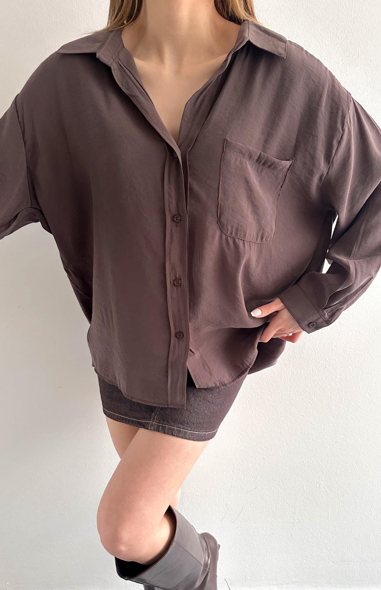 Cepli Oversize Modal Gömlek KAHVERENGİ