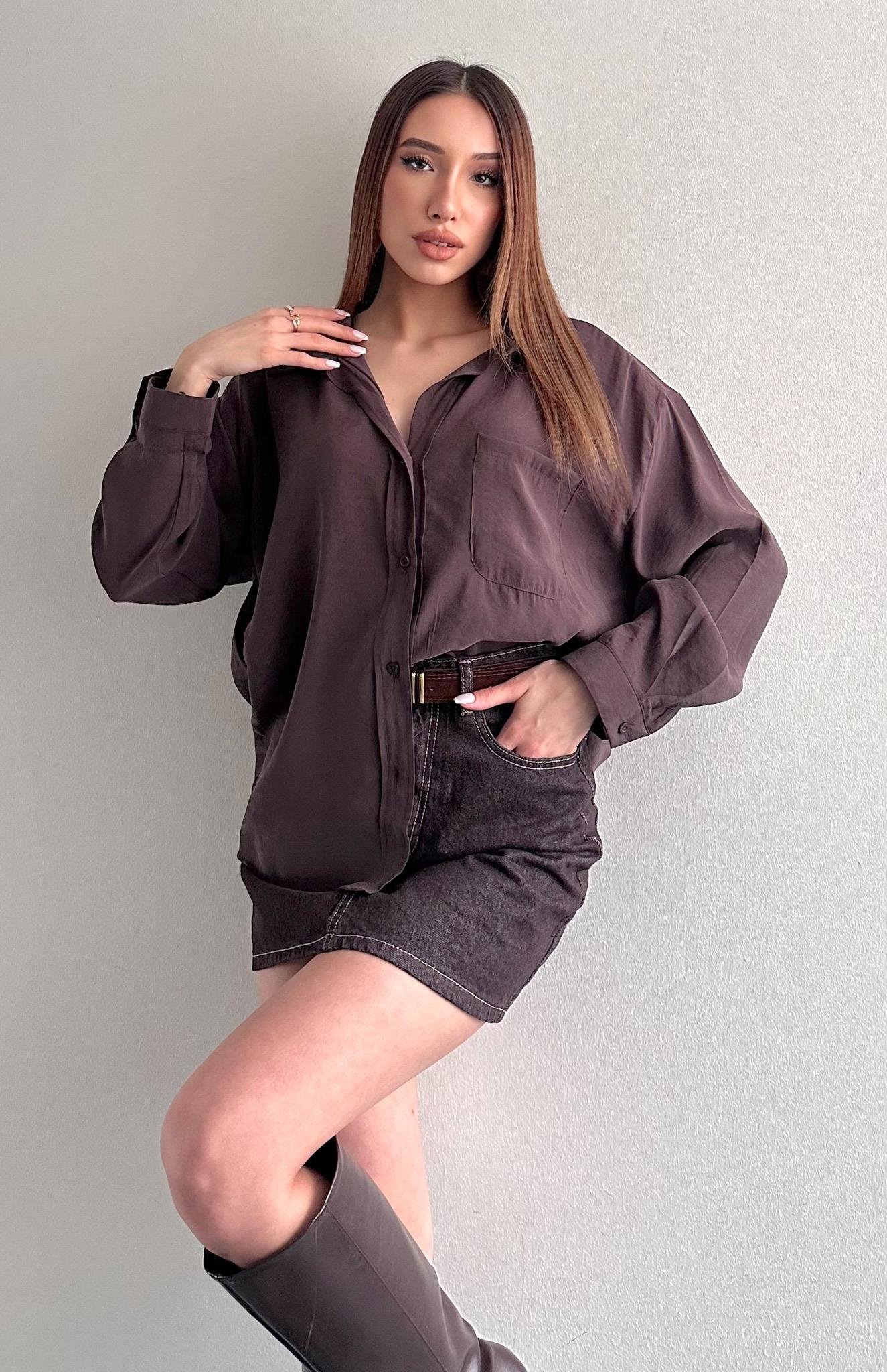 Cepli Oversize Modal Gömlek KAHVERENGİ