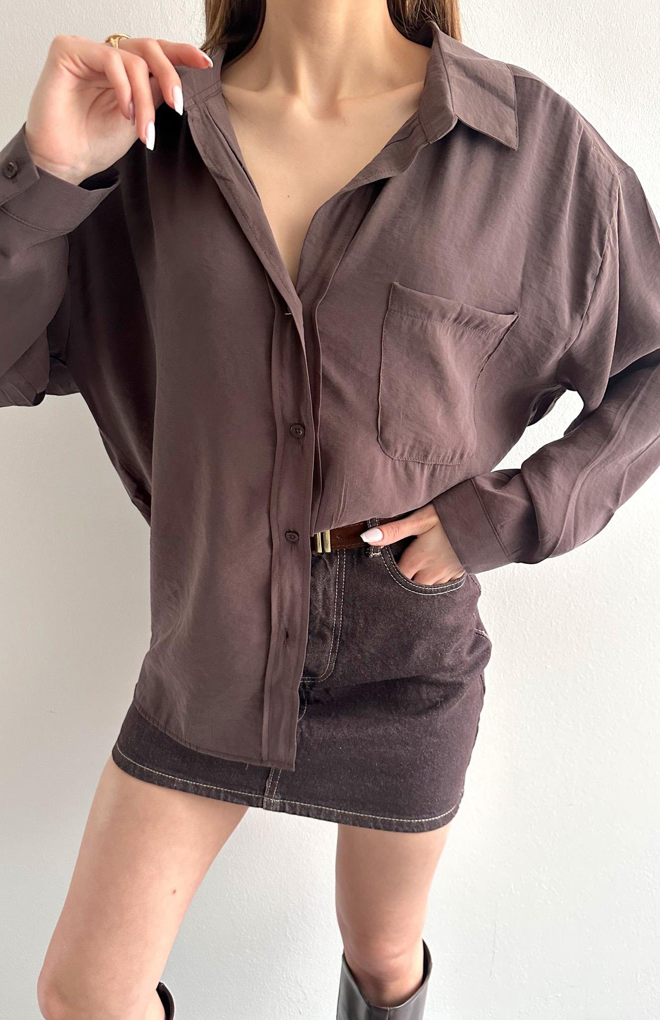 Cepli Oversize Modal Gömlek KAHVERENGİ