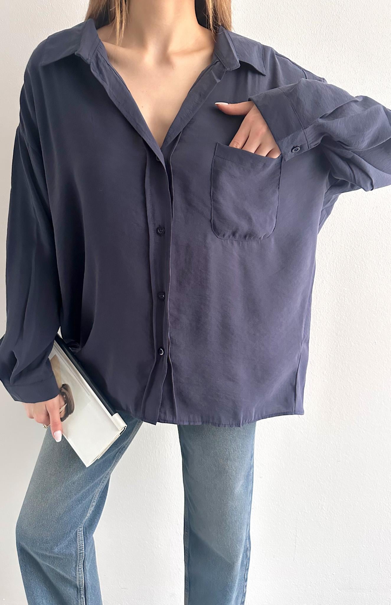 Cepli Oversize Modal Gömlek LACİVERT