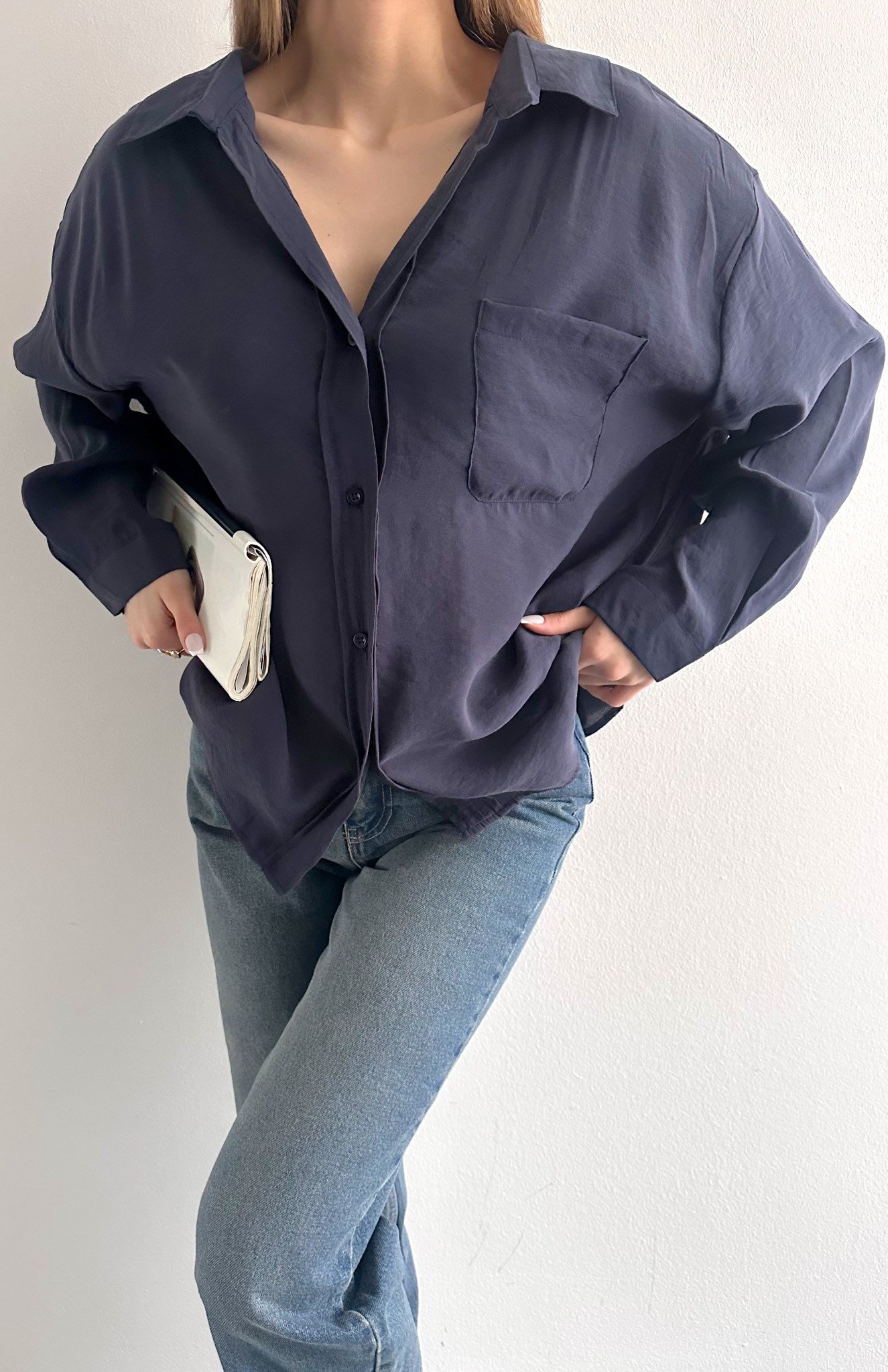 Cepli Oversize Modal Gömlek LACİVERT