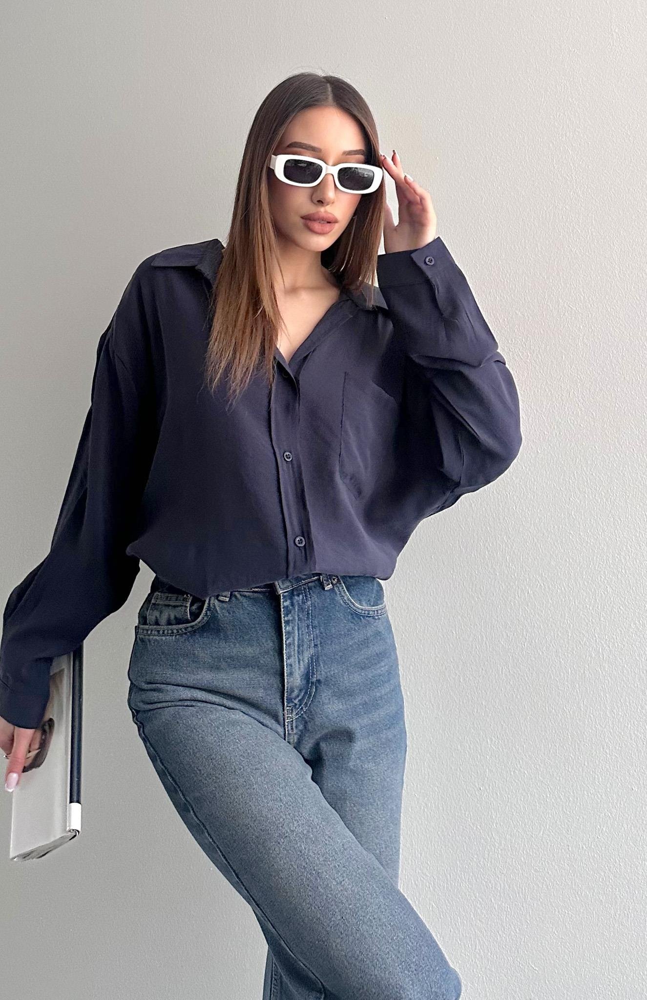 Cepli Oversize Modal Gömlek LACİVERT