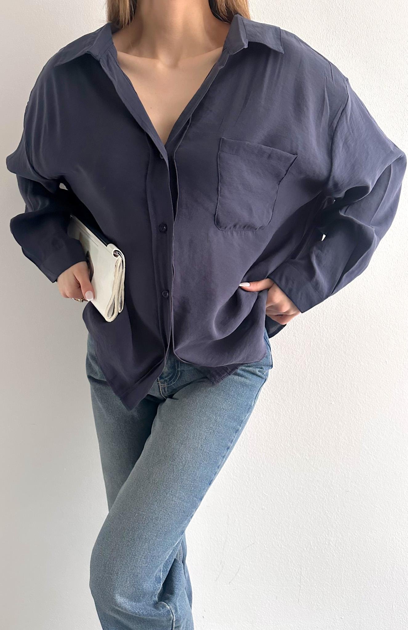 Cepli Oversize Modal Gömlek LACİVERT