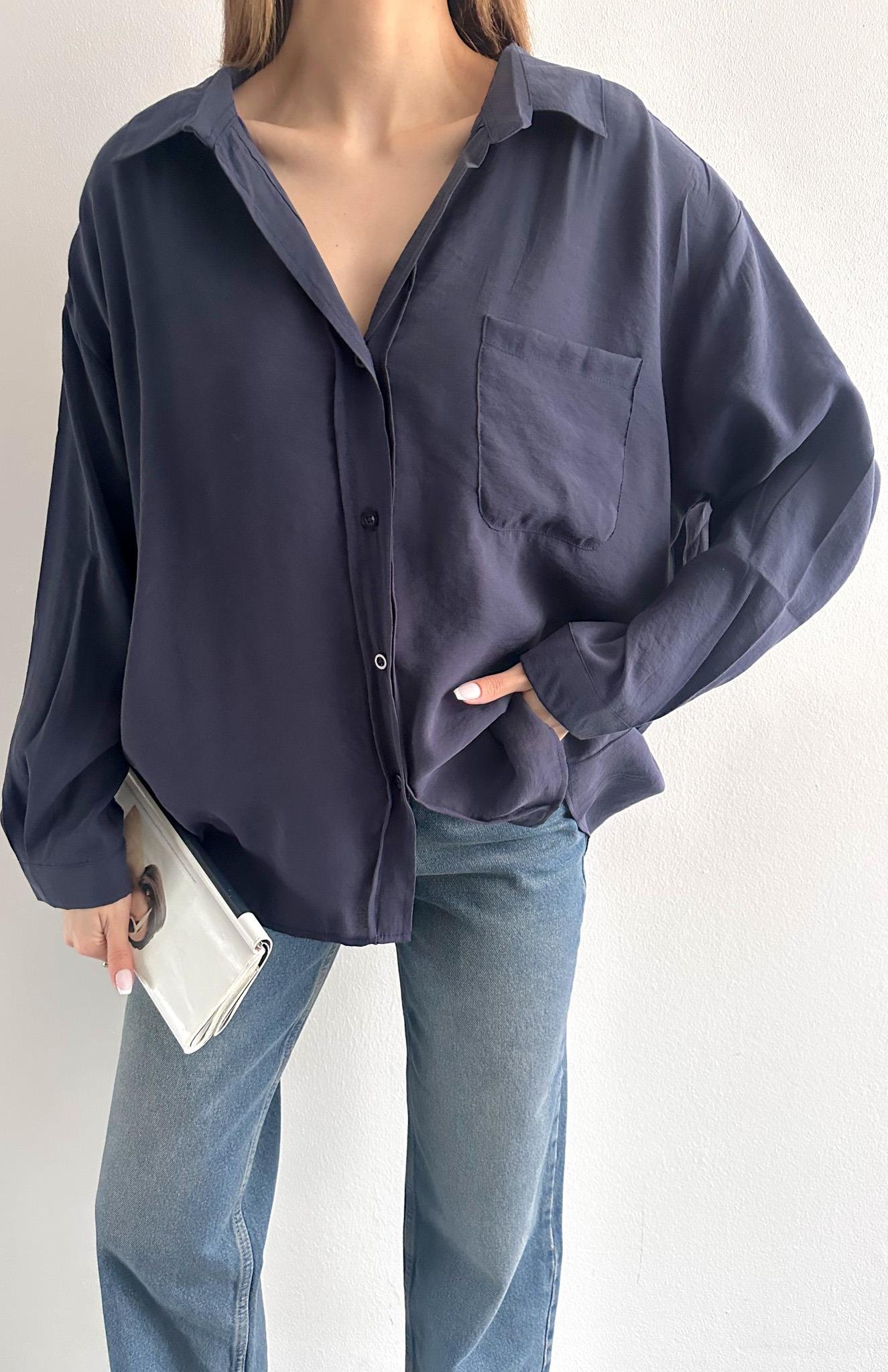 Cepli Oversize Modal Gömlek LACİVERT