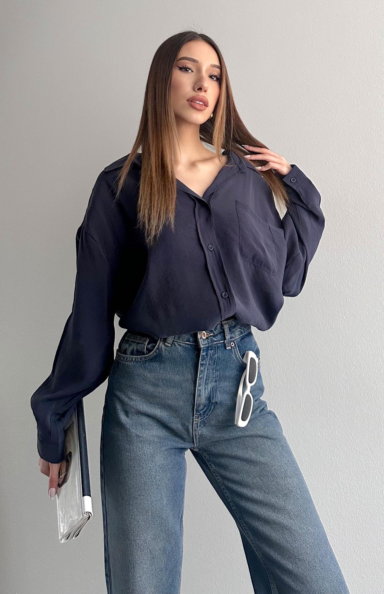 Cepli Oversize Modal Gömlek LACİVERT