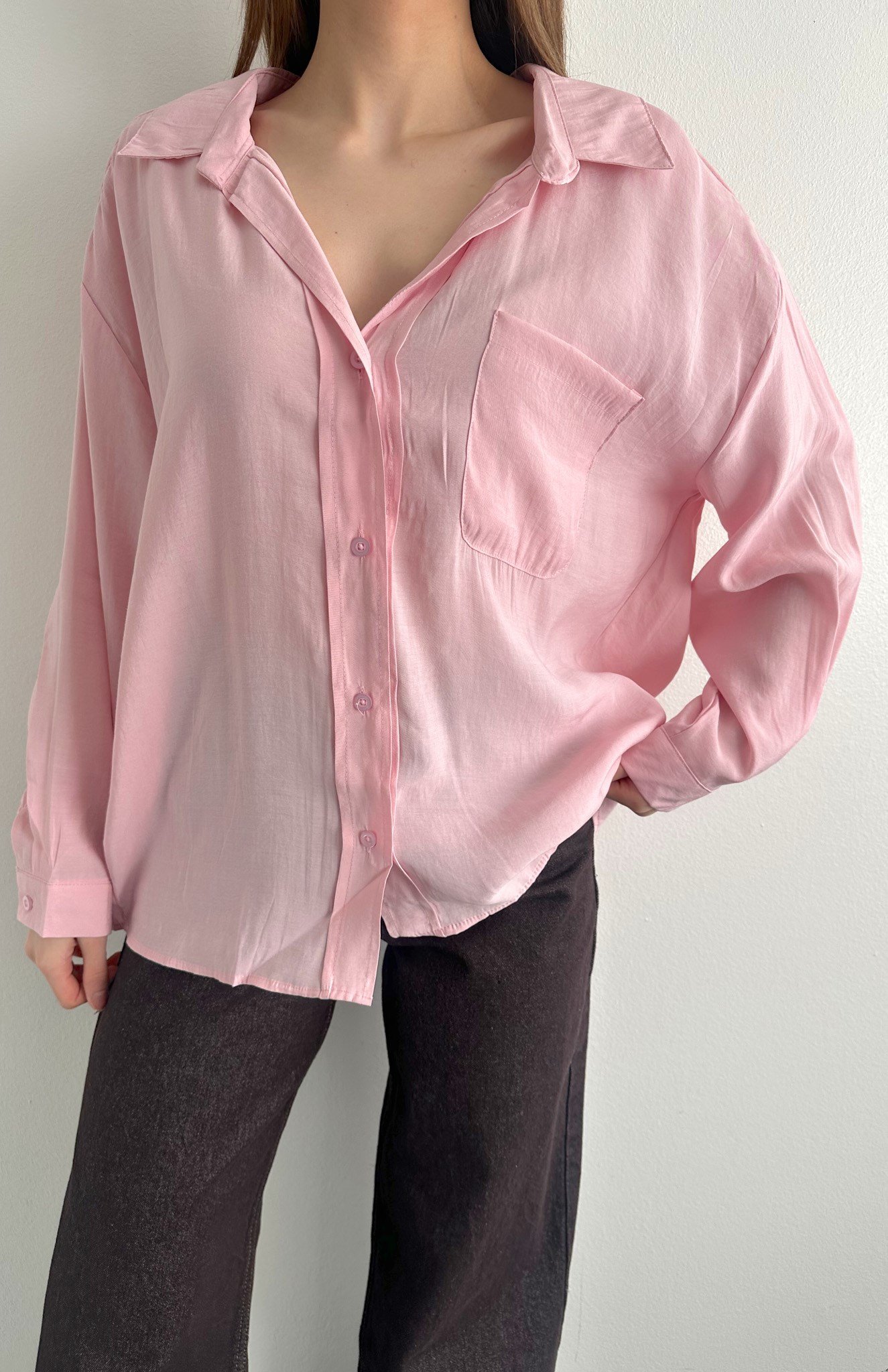 Cepli Oversize Modal Gömlek PEMBE