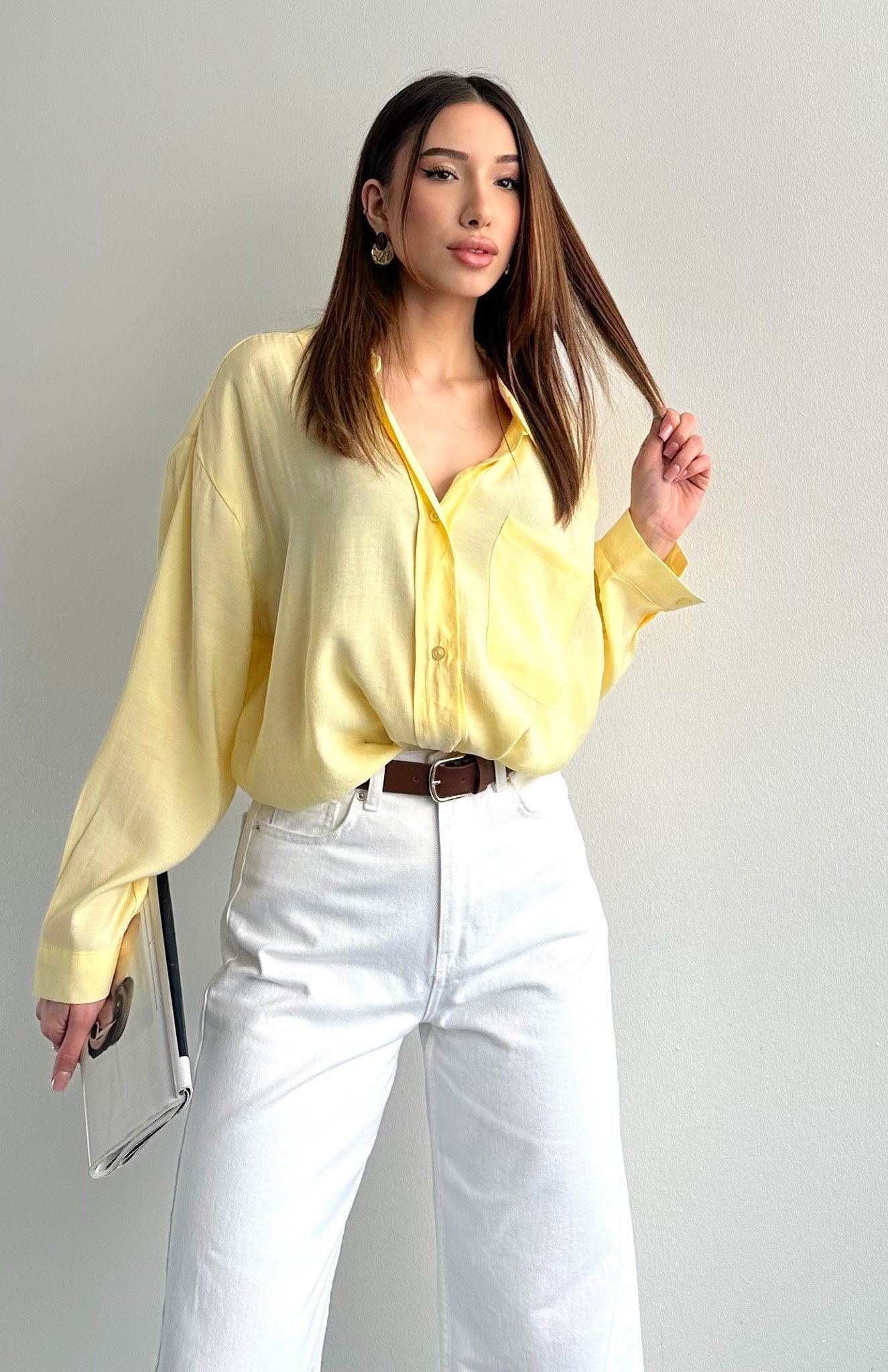 Cepli Oversize Modal Gömlek SARI