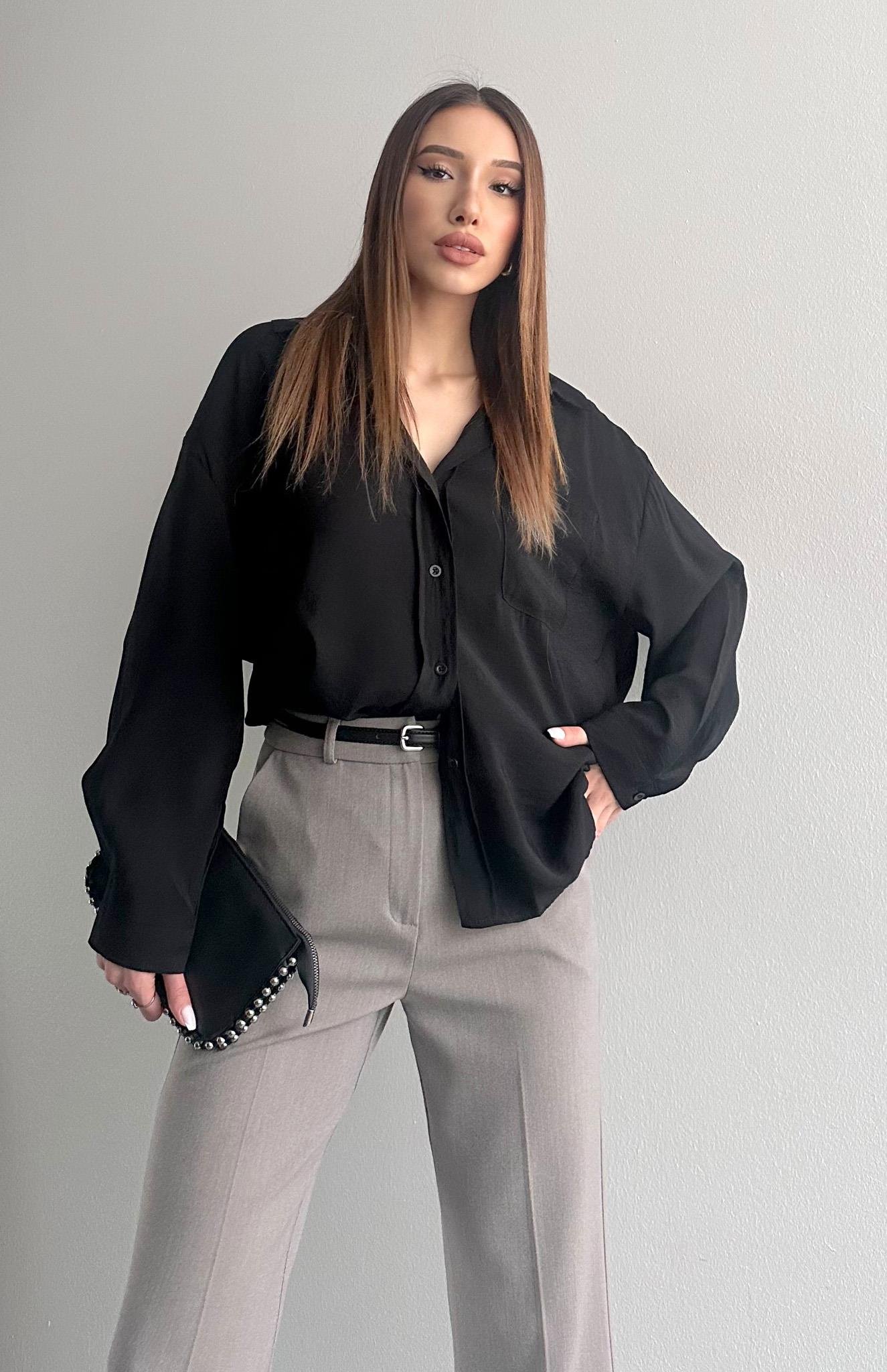 Cepli Oversize Modal Gömlek SİYAH