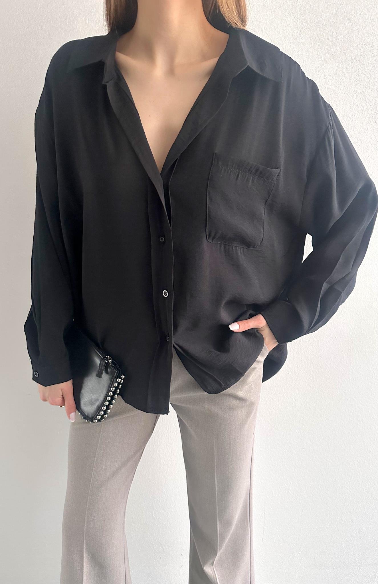 Cepli Oversize Modal Gömlek SİYAH