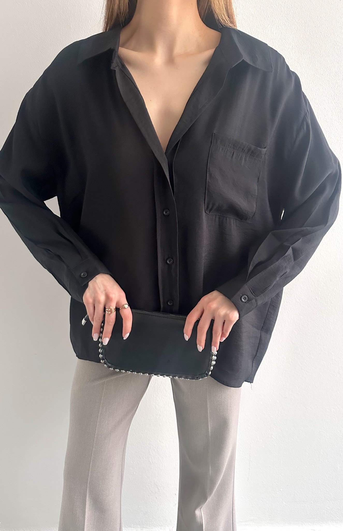 Cepli Oversize Modal Gömlek SİYAH