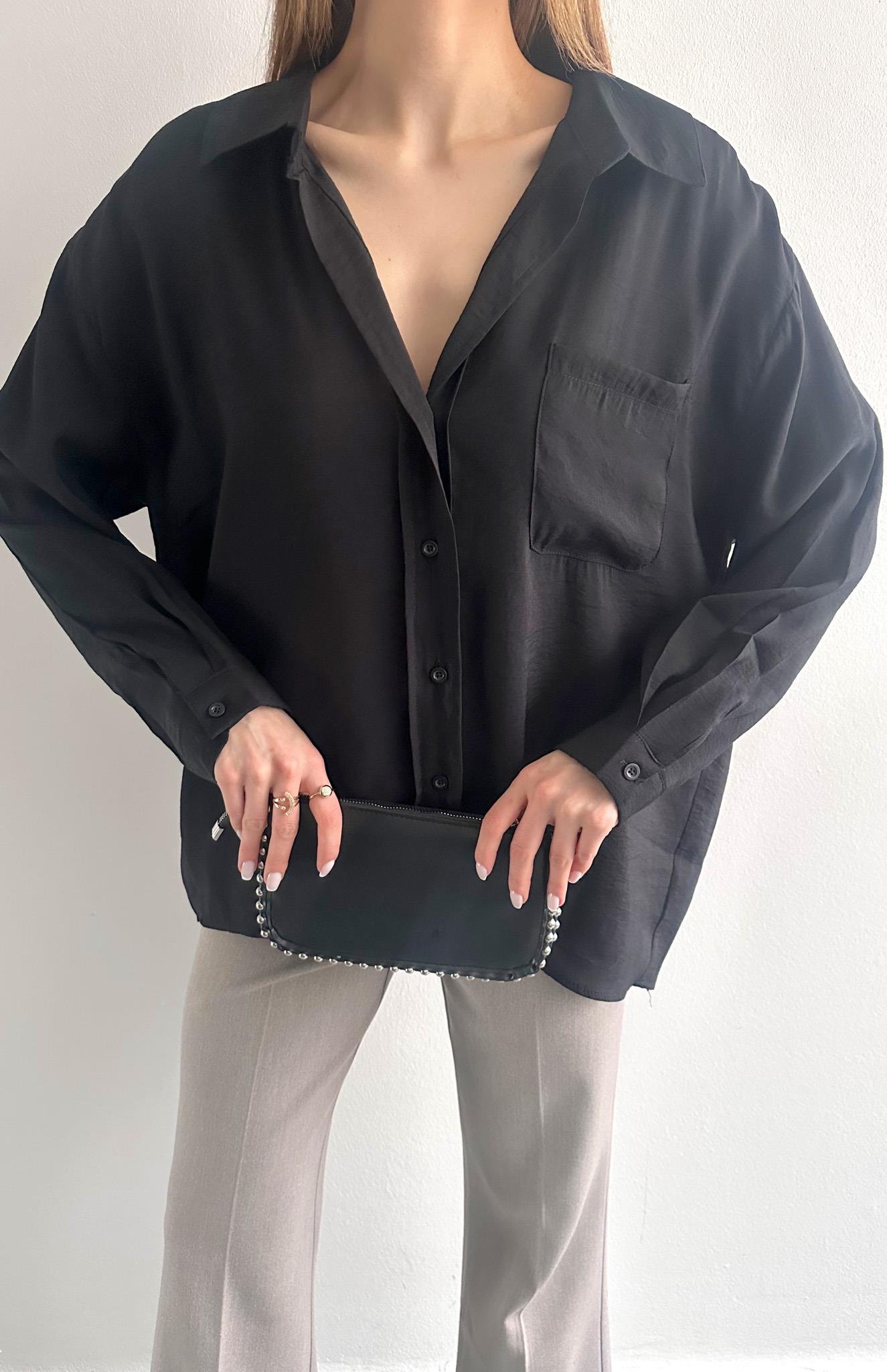 Cepli Oversize Modal Gömlek SİYAH