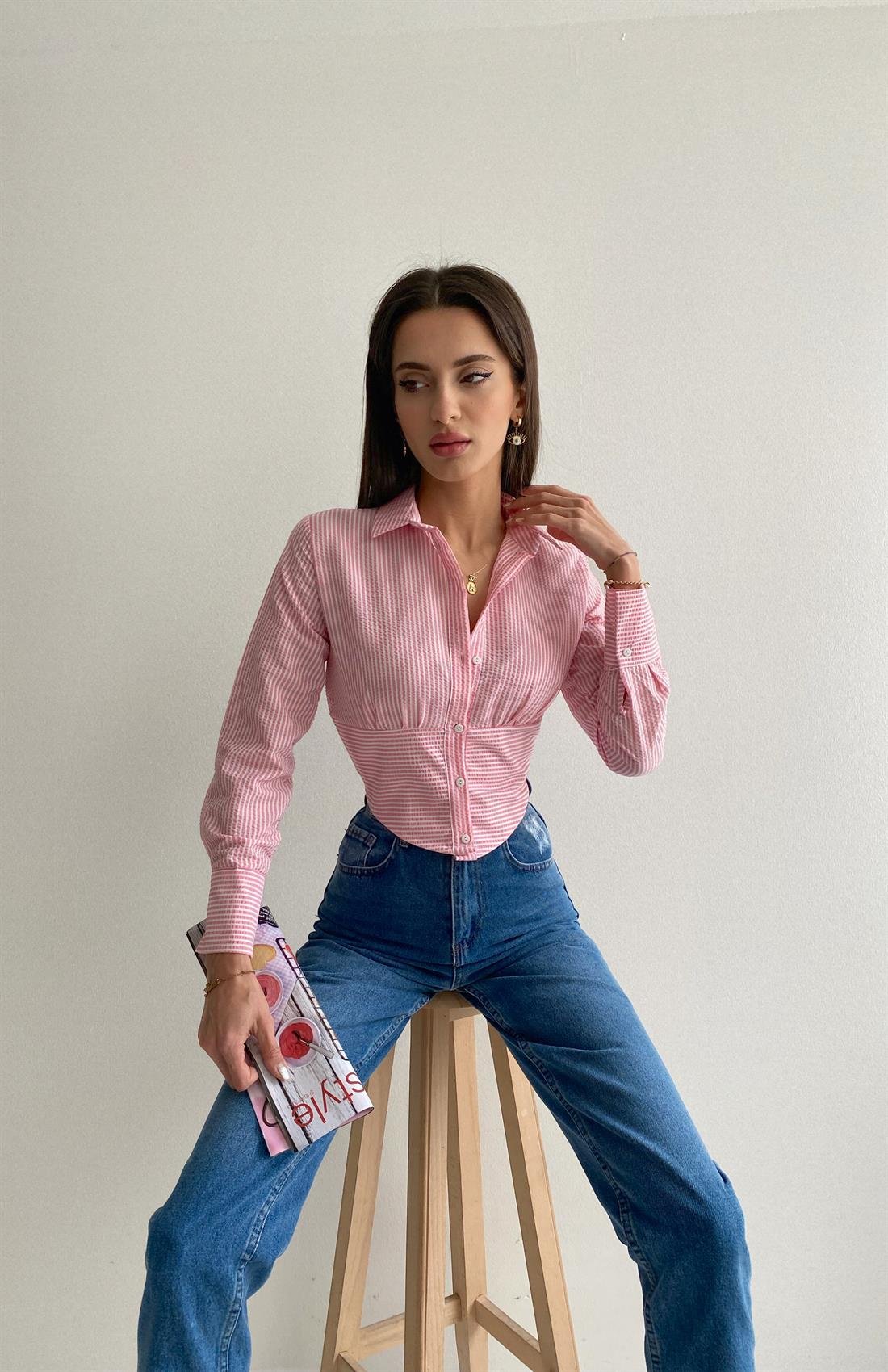 Çizgili Korse Gömlek PEMBE