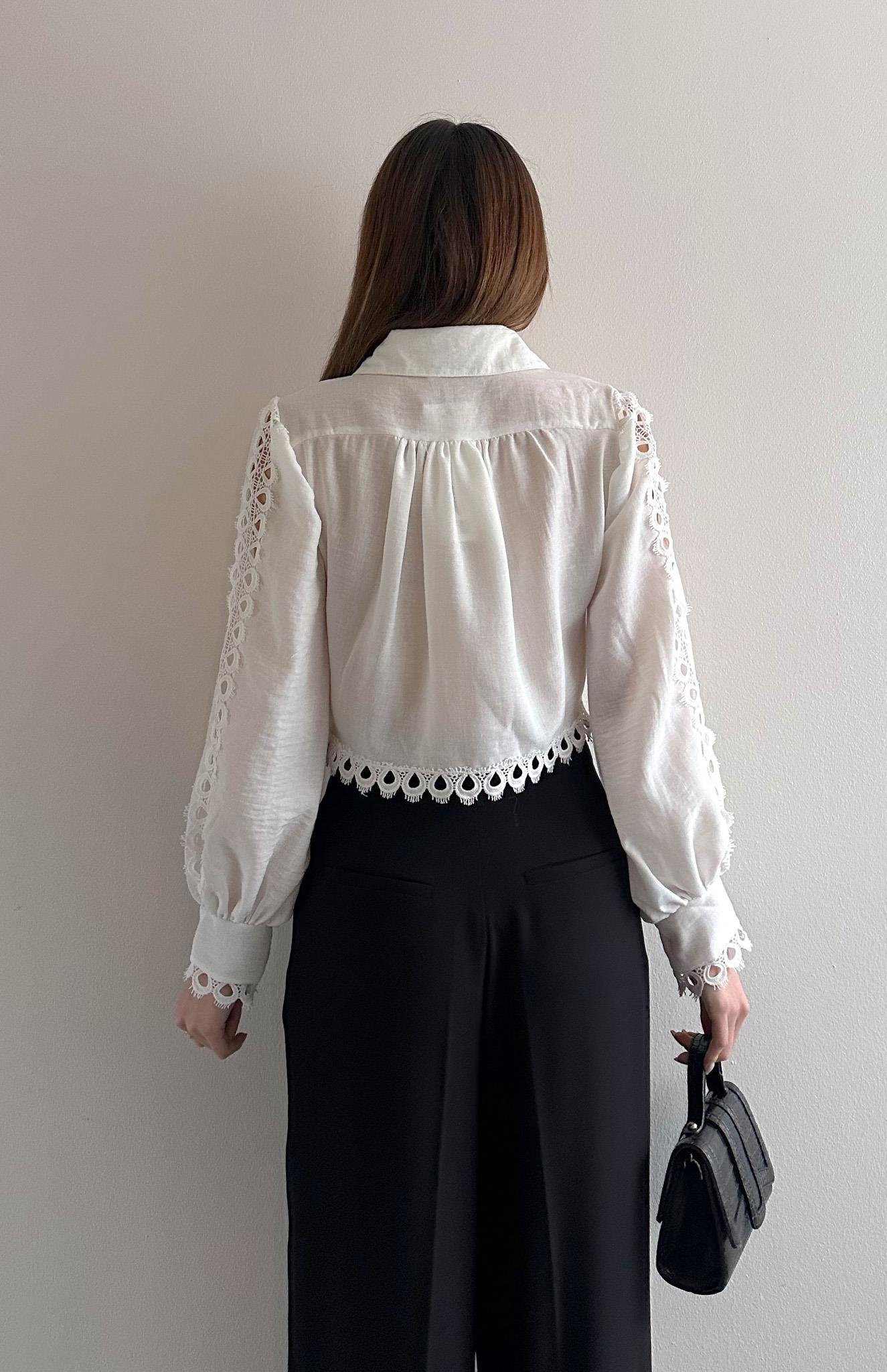 Dantelli Crop Keten Gömlek EKRU