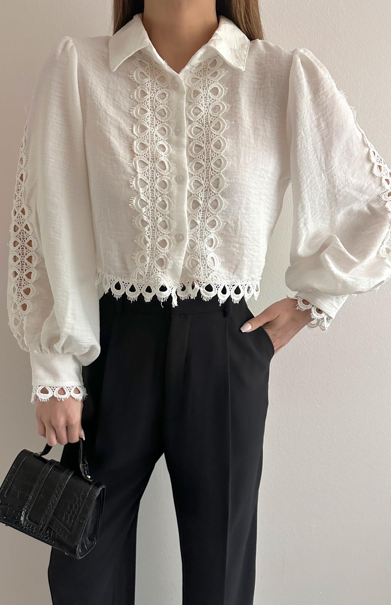 Dantelli Crop Keten Gömlek EKRU